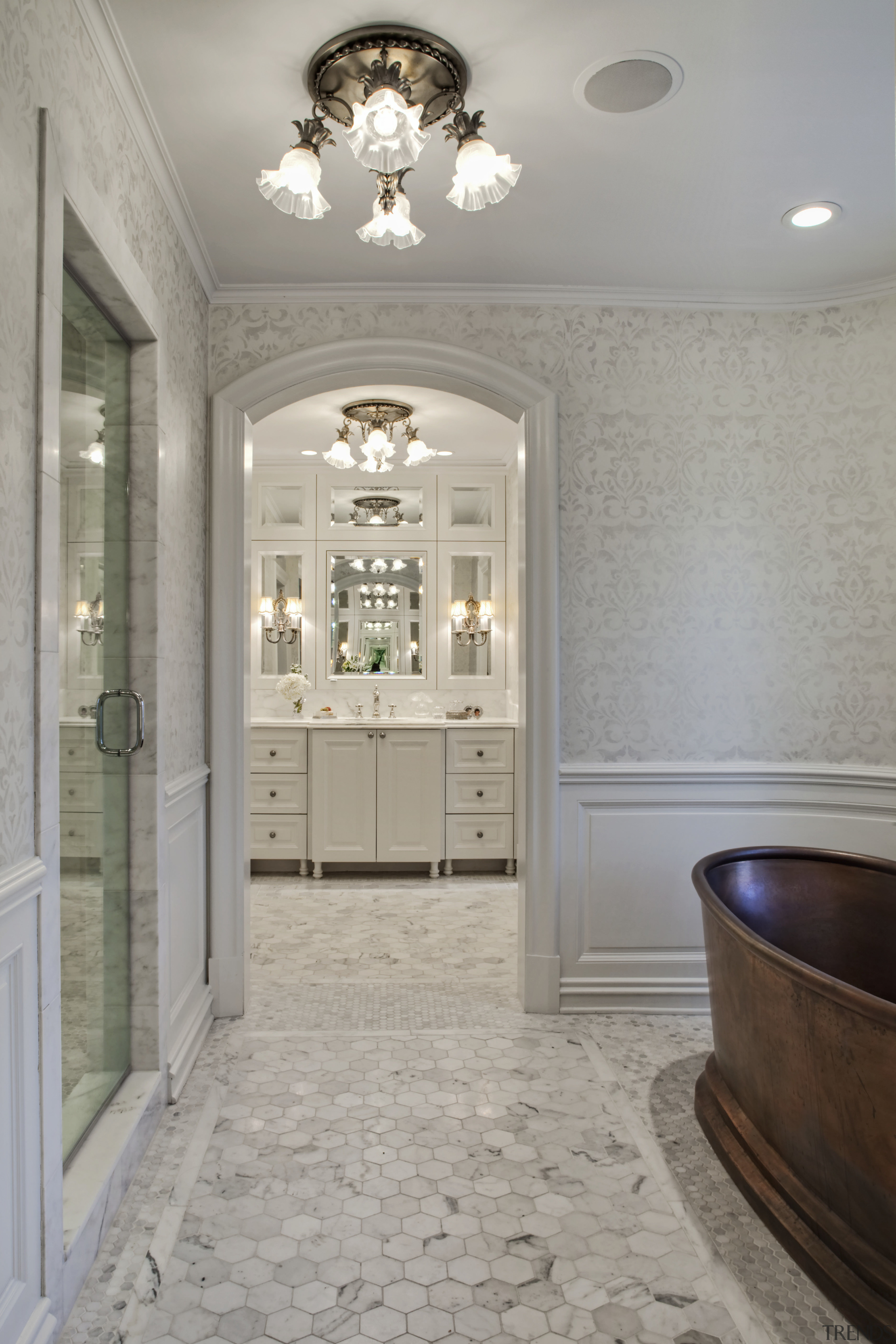 View of a traditional-styled bathroom which features a ceiling, estate, floor, flooring, home, interior design, room, tile, wall, window, gray