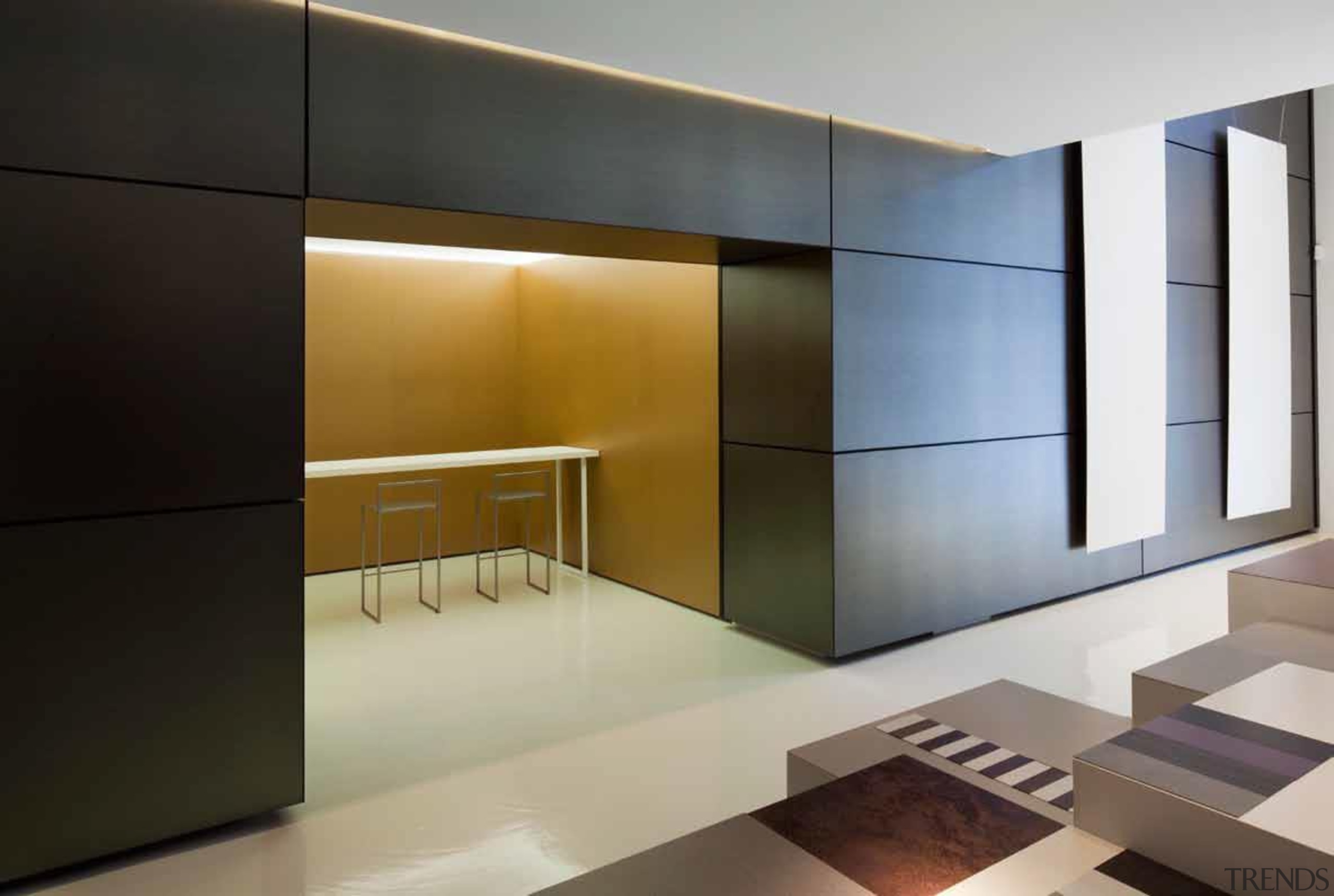 Laminam is a new concept in decorative surfaces architecture, cabinetry, floor, furniture, glass, interior design, lobby, product design, property, wall, gray, black