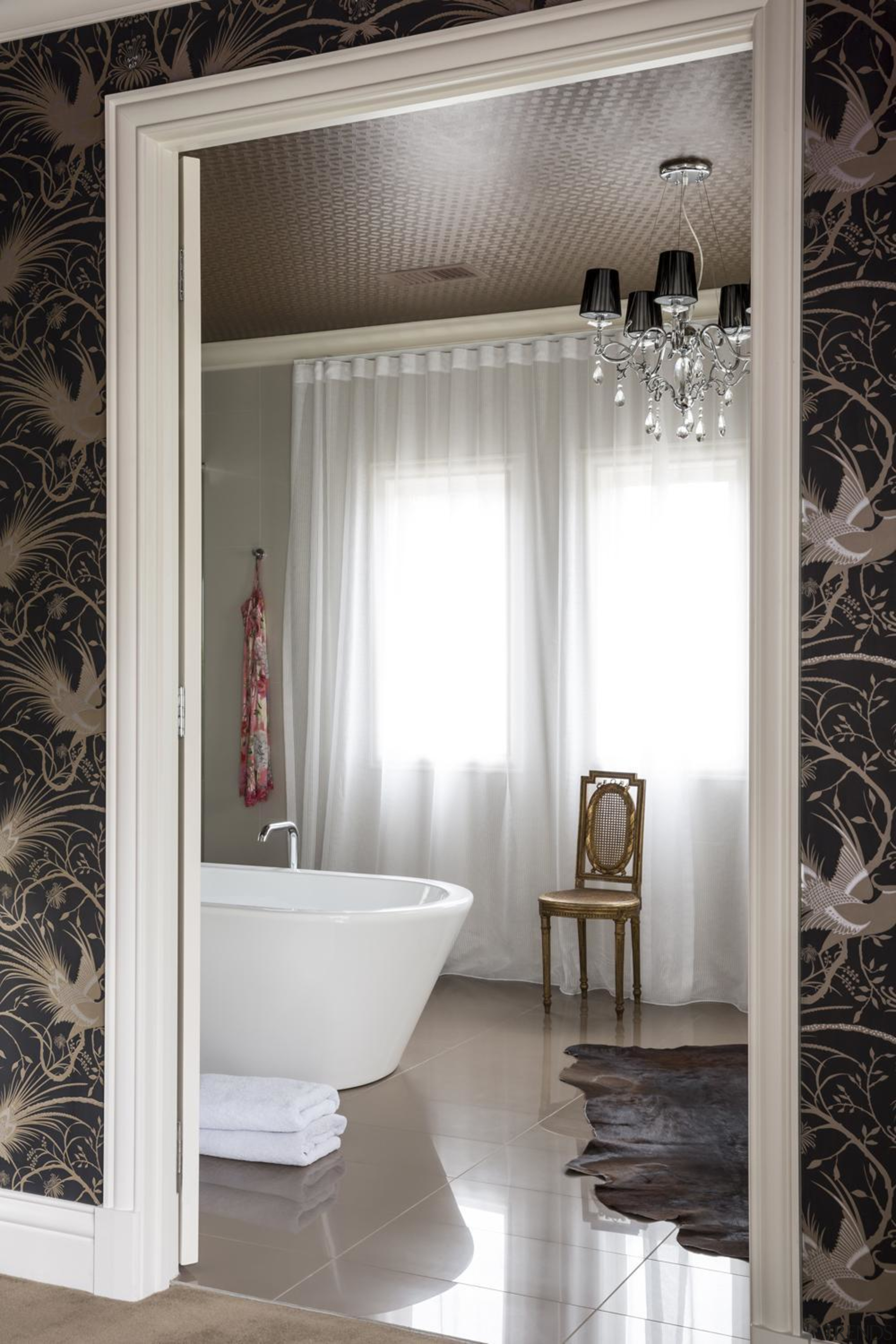 Master Bedroom - bathroom | ceiling | curtain bathroom, ceiling, curtain, floor, flooring, home, interior design, room, wall, window, window treatment, white, gray