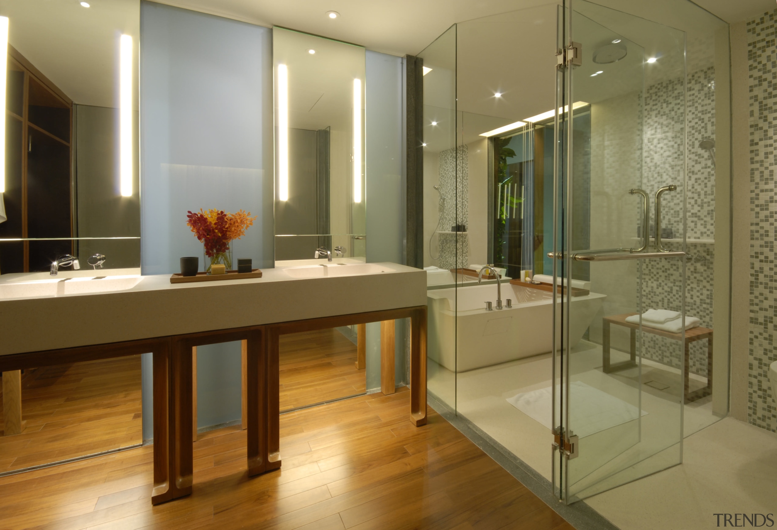 View of a bathroom which features a custom-manufactured bathroom, floor, flooring, interior design, room, brown