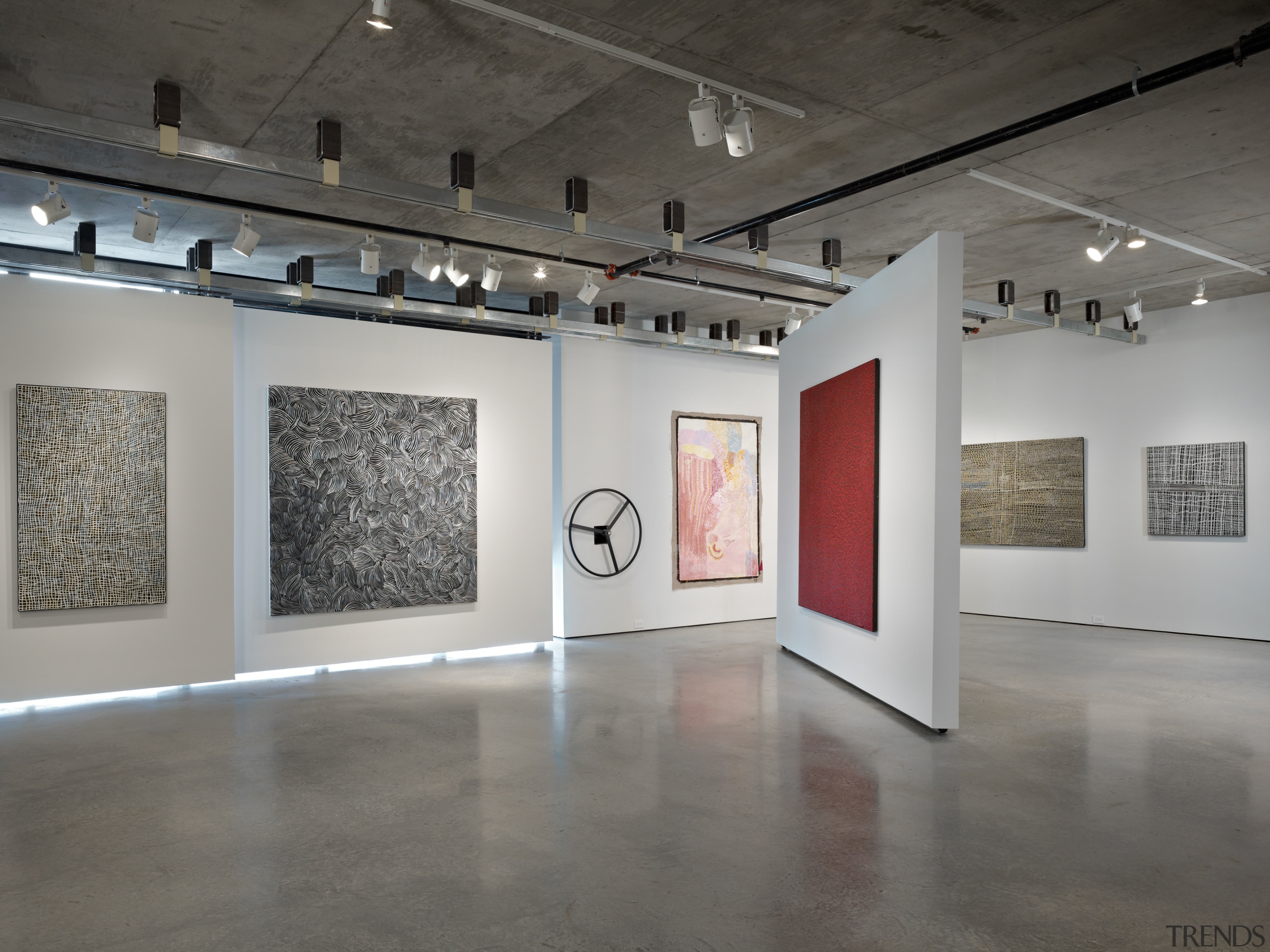 Art gallery with grey flooring and square paintings. art exhibition, art gallery, exhibition, museum, tourist attraction, gray
