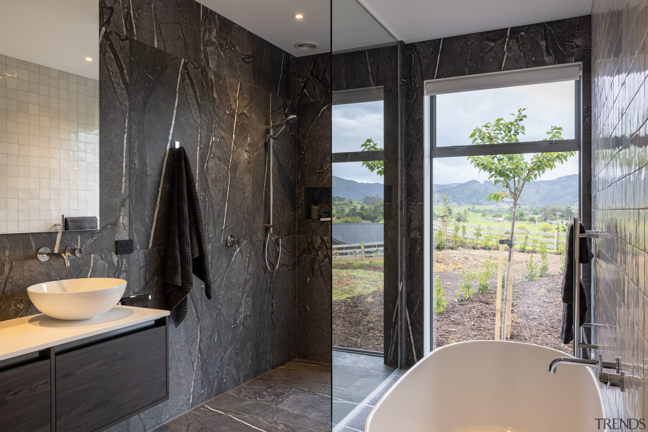 Soaking in the scenery  – marble look walls 