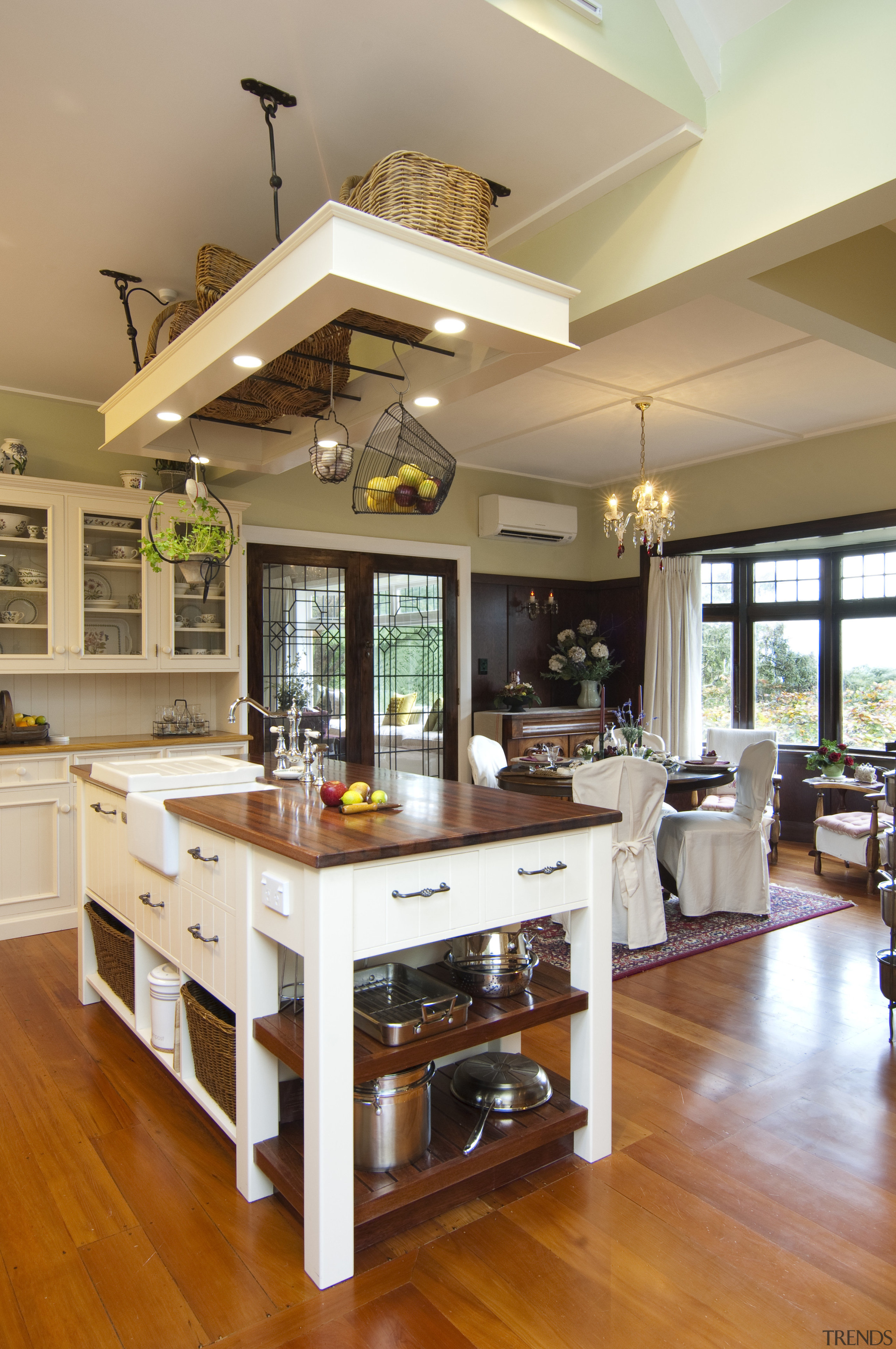 white island with wooden top and shelves - cabinetry, ceiling, countertop, cuisine classique, floor, flooring, hardwood, interior design, kitchen, living room, room, wood flooring, brown