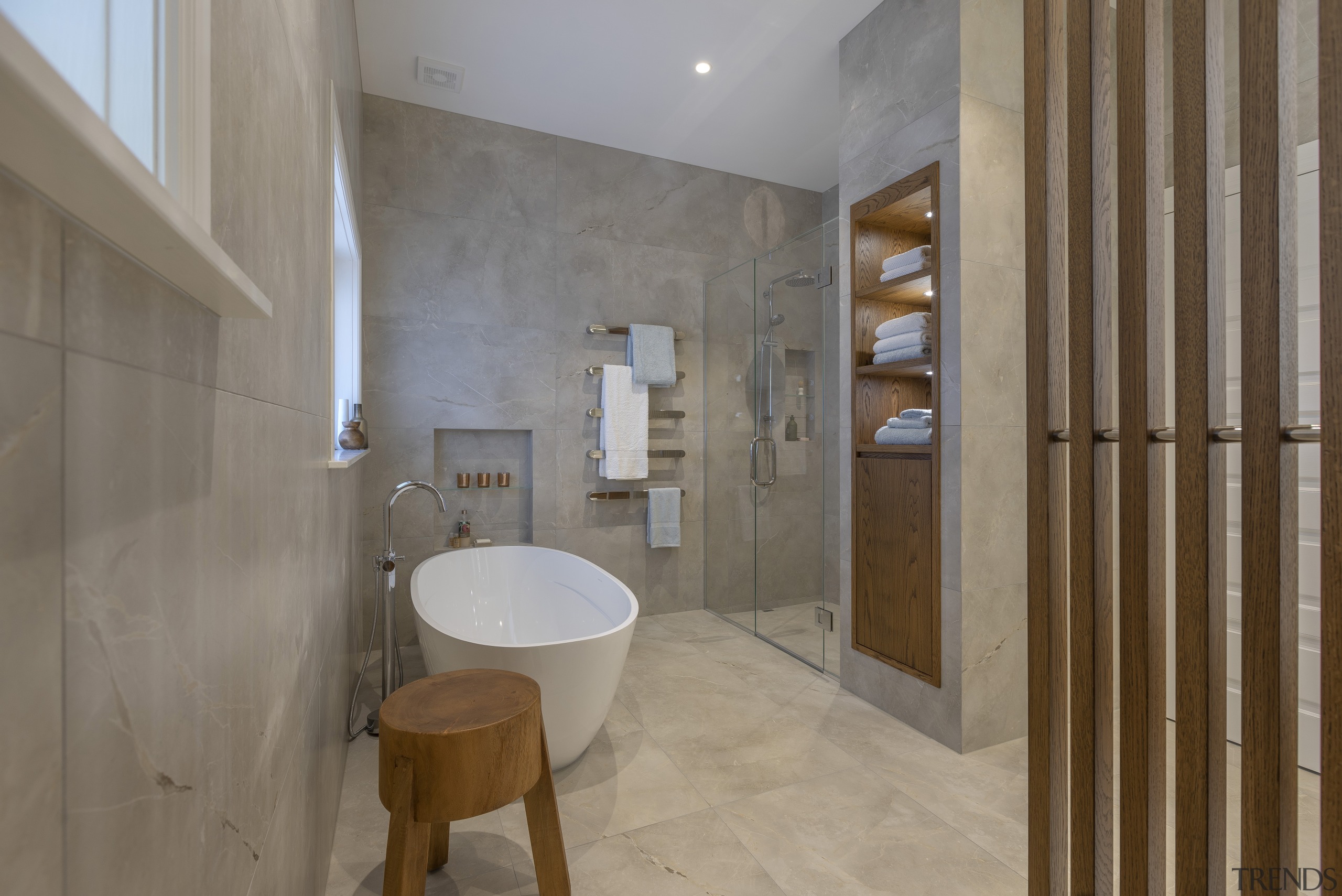 A wood stool doubles as a bath table architecture, bathroom, building, ceiling, estate, floor, flooring, furniture, home, house, interior design, property, real estate, room, tile, gray
