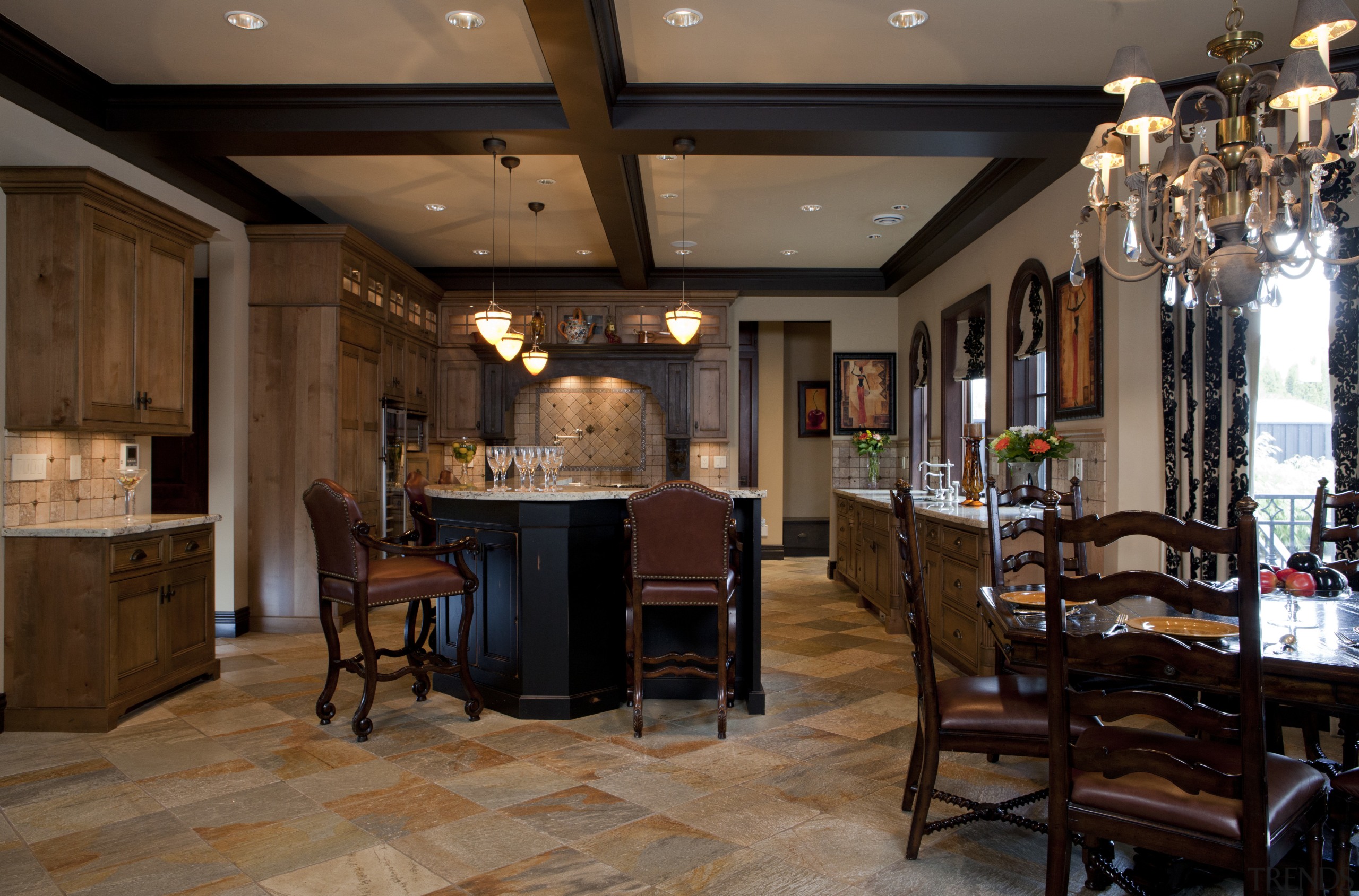 View of kitchen with aged look, featuring internally ceiling, dining room, flooring, interior design, restaurant, brown