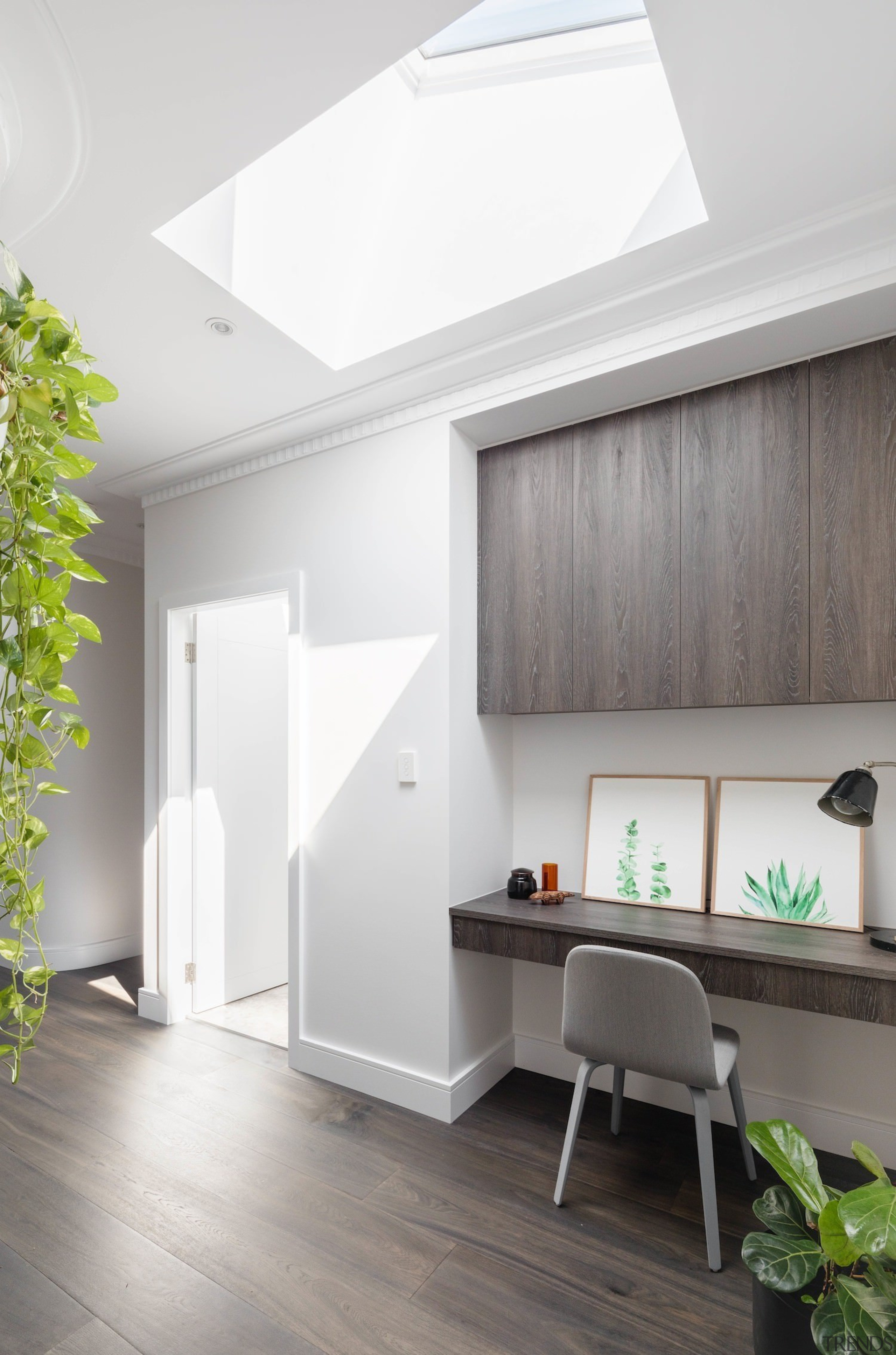 A deep skylight sits above this study - architecture, ceiling, daylighting, floor, home, house, interior design, product design, white, gray