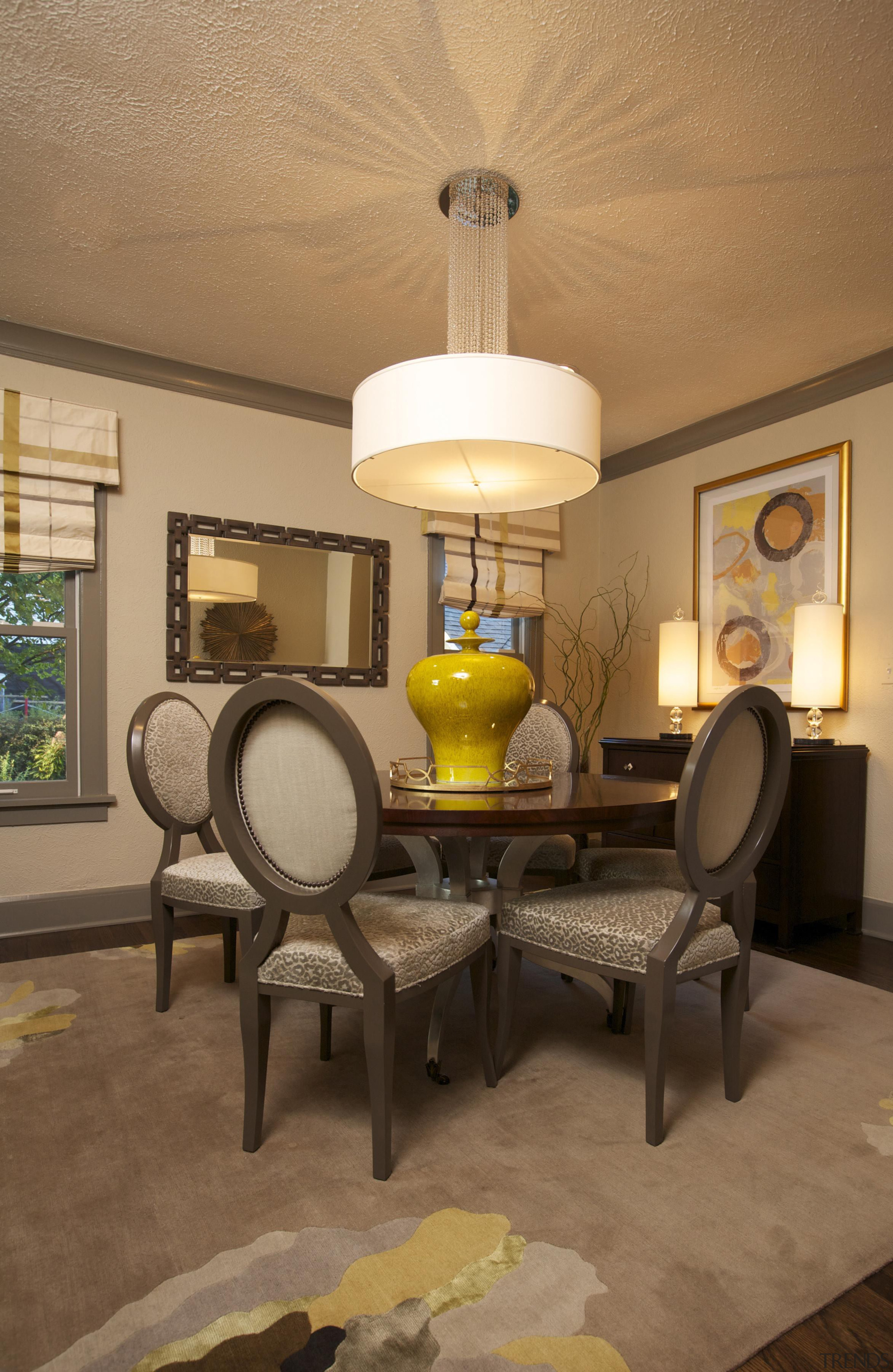 Historic Bungalow Renovation - Dining Room - ceiling ceiling, chair, chandelier, dining room, furniture, home, interior design, light fixture, lighting, living room, room, table, brown, orange