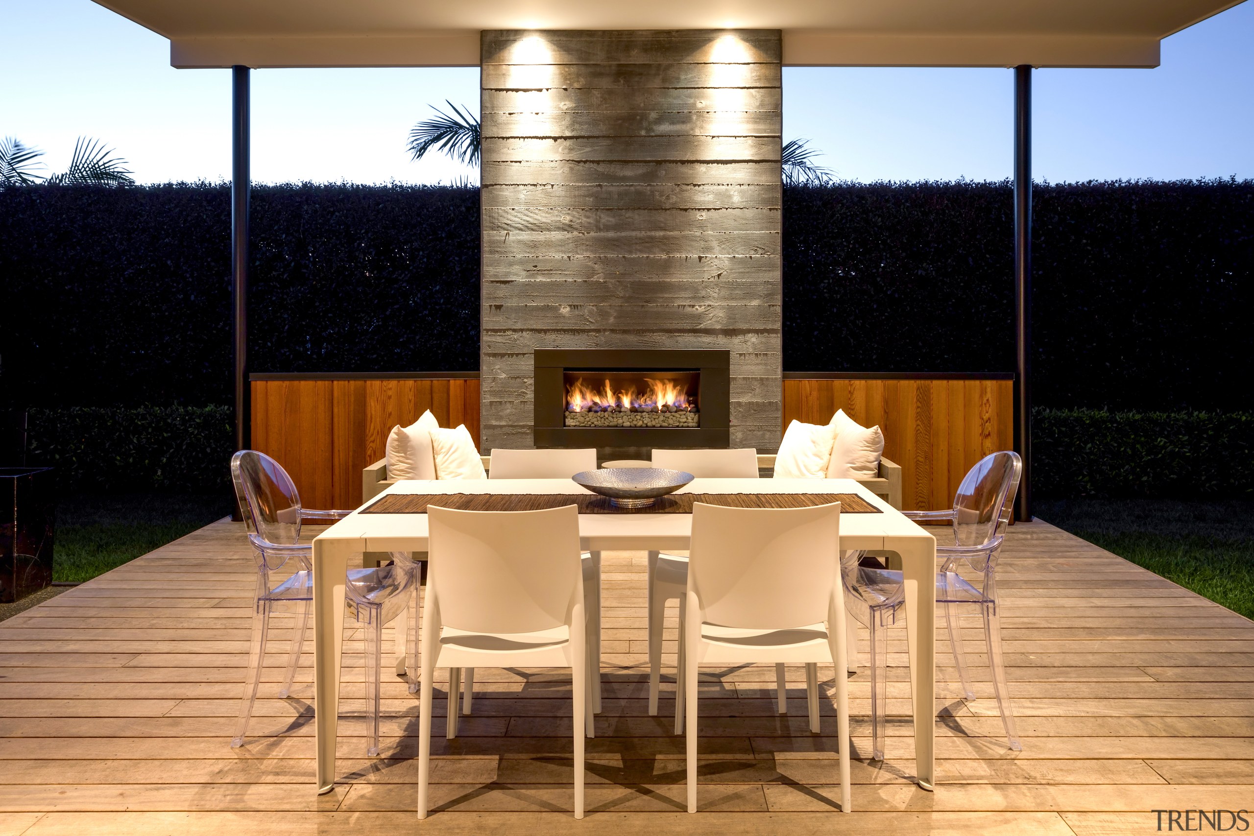 Symmetry rules in this new rear extension outdoor architecture, backyard, building, ceiling, deck, design, dining room, furniture, home, house, interior design, landscaping, lighting, patio, property, real estate, roof, room, shade, table, wall, brown, orange