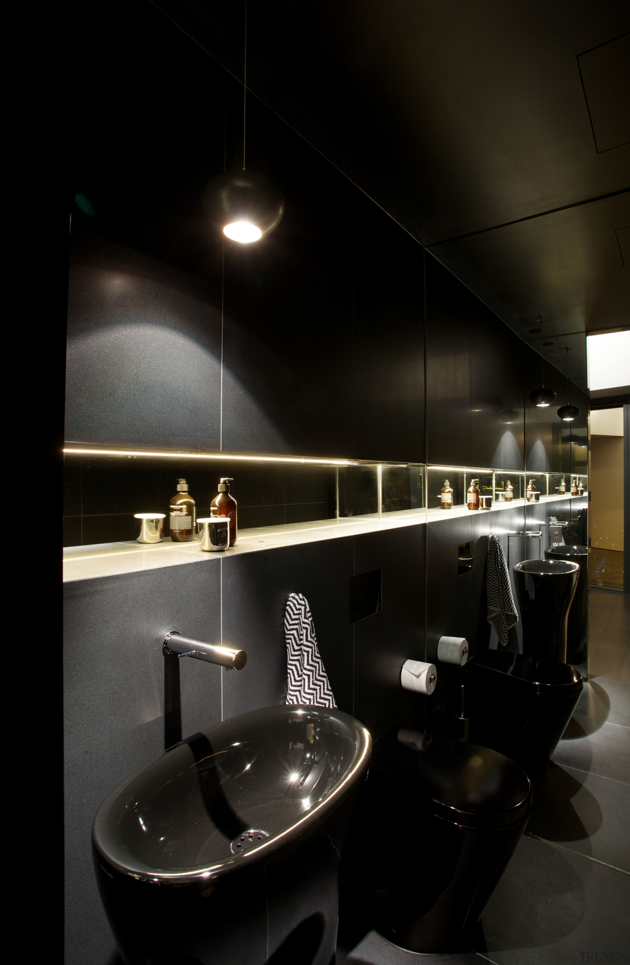 Bathroom in Eureka apartment, by the team at architecture, ceiling, countertop, interior design, light fixture, lighting, product design, black