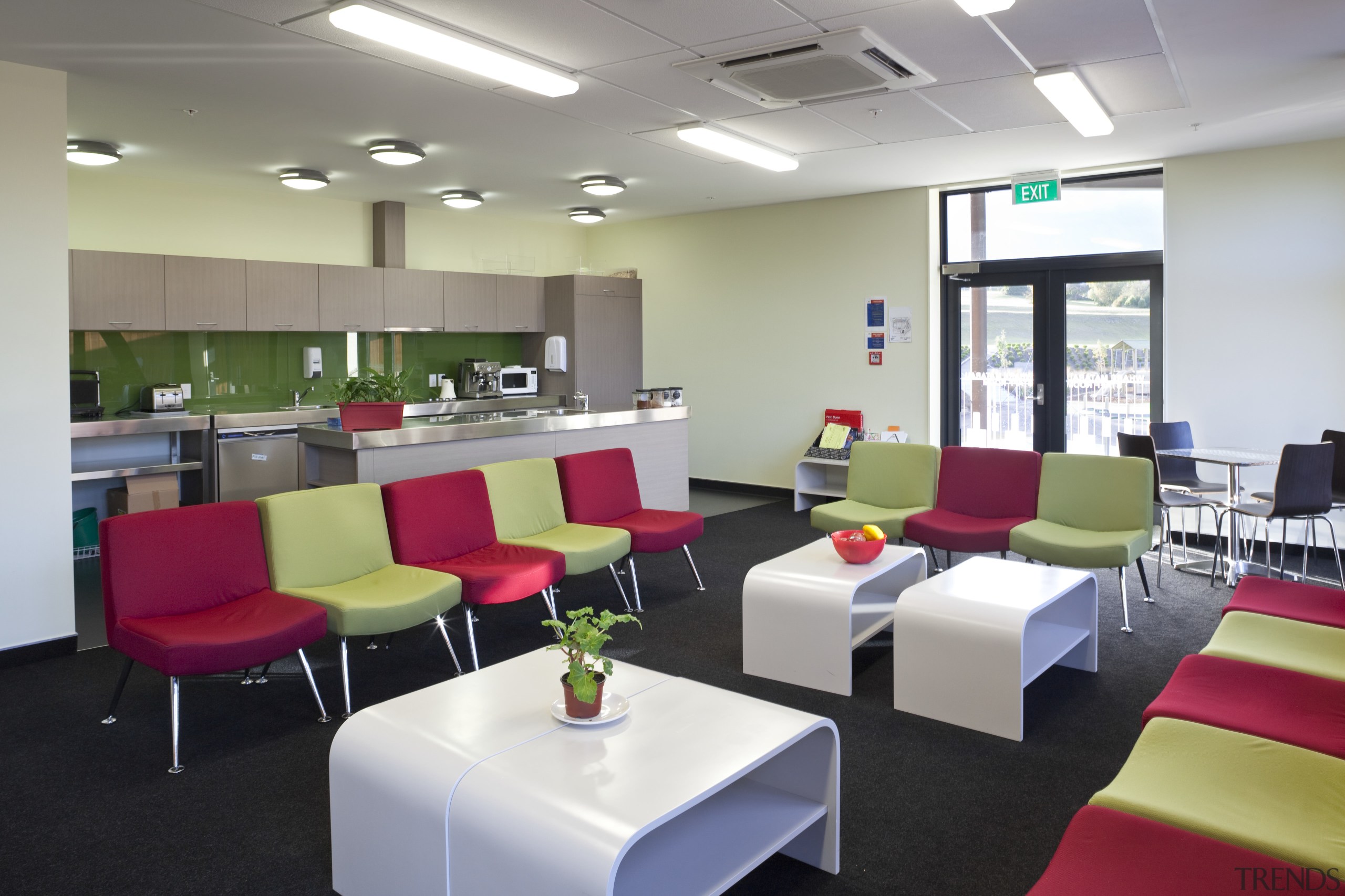 View of Remarkables Primary School in Queenstown. - cafeteria, conference hall, interior design, office, waiting room, gray