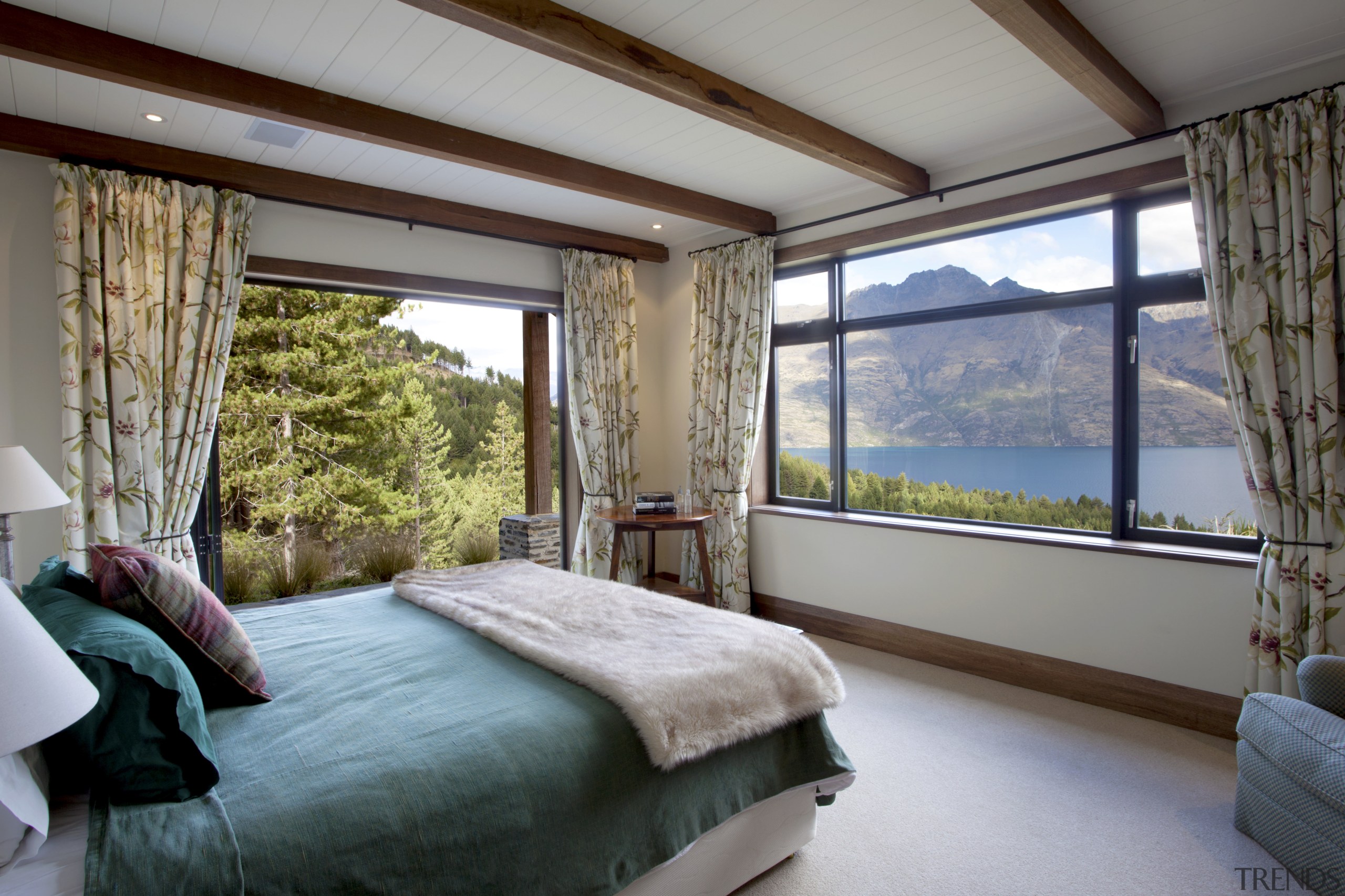 View of bedroom with green bedspread and view architecture, bedroom, ceiling, estate, home, house, interior design, property, real estate, room, window, window covering, window treatment, gray