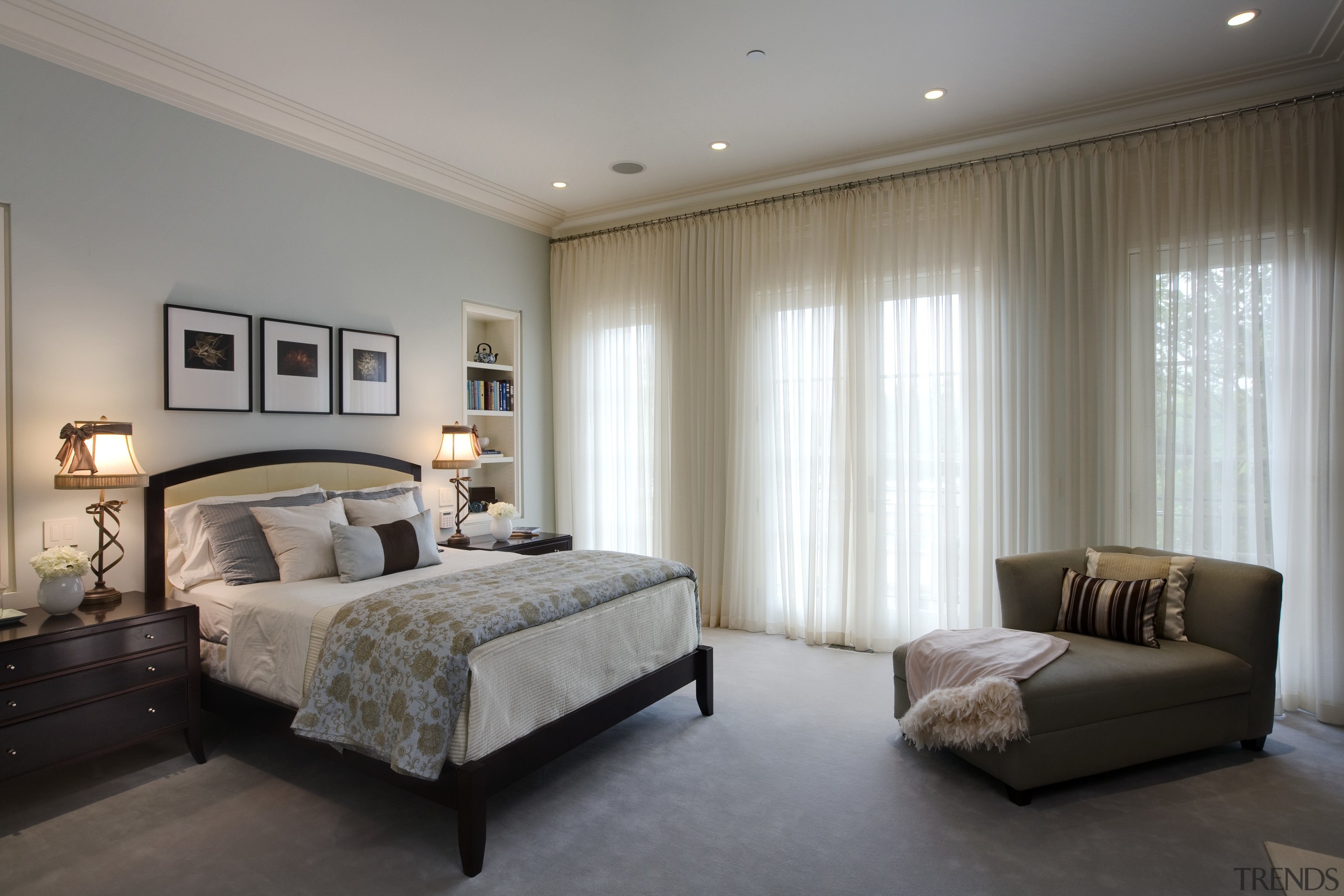 View of the master bedroom - View of bed frame, bedroom, ceiling, curtain, home, interior design, real estate, room, textile, wall, window, window blind, window covering, window treatment, gray