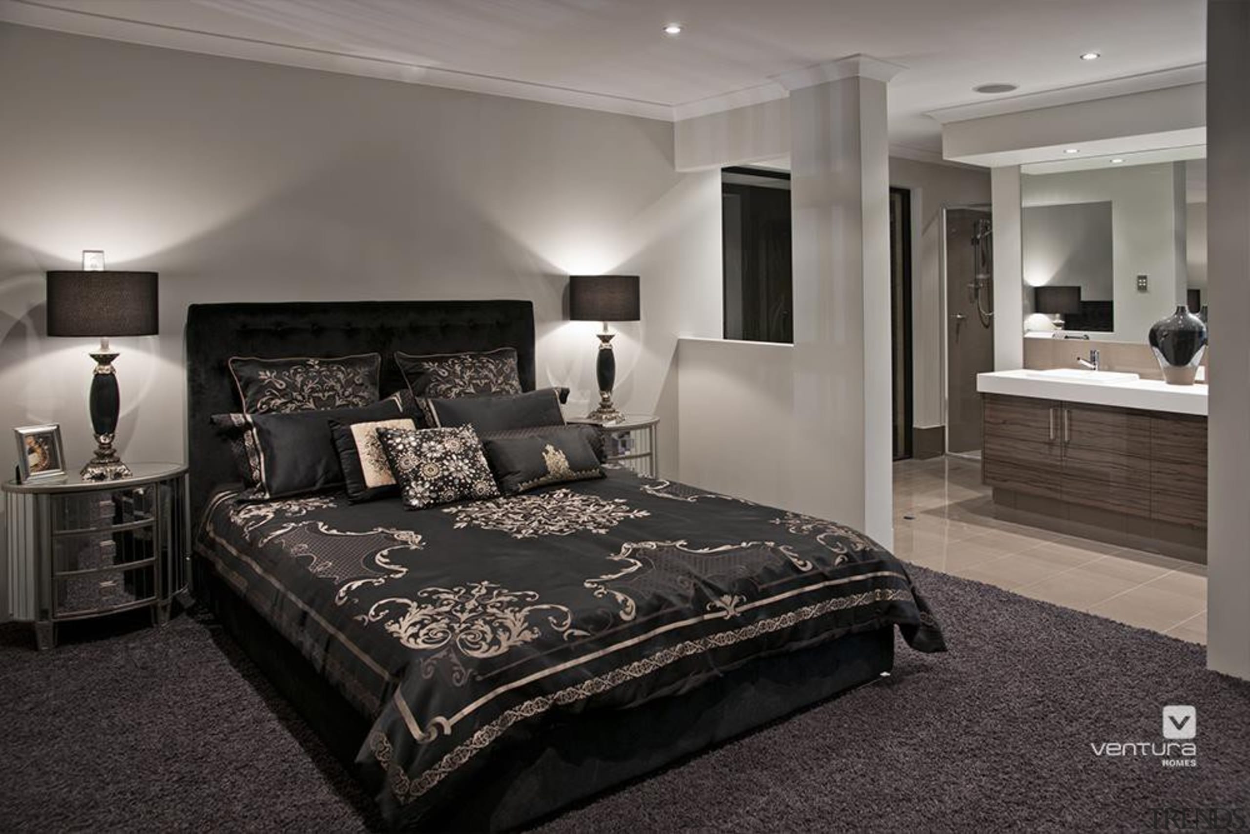 Master ensuite design. - The Providence Display Home bed frame, bedroom, ceiling, floor, flooring, furniture, home, interior design, room, suite, wall, gray, black