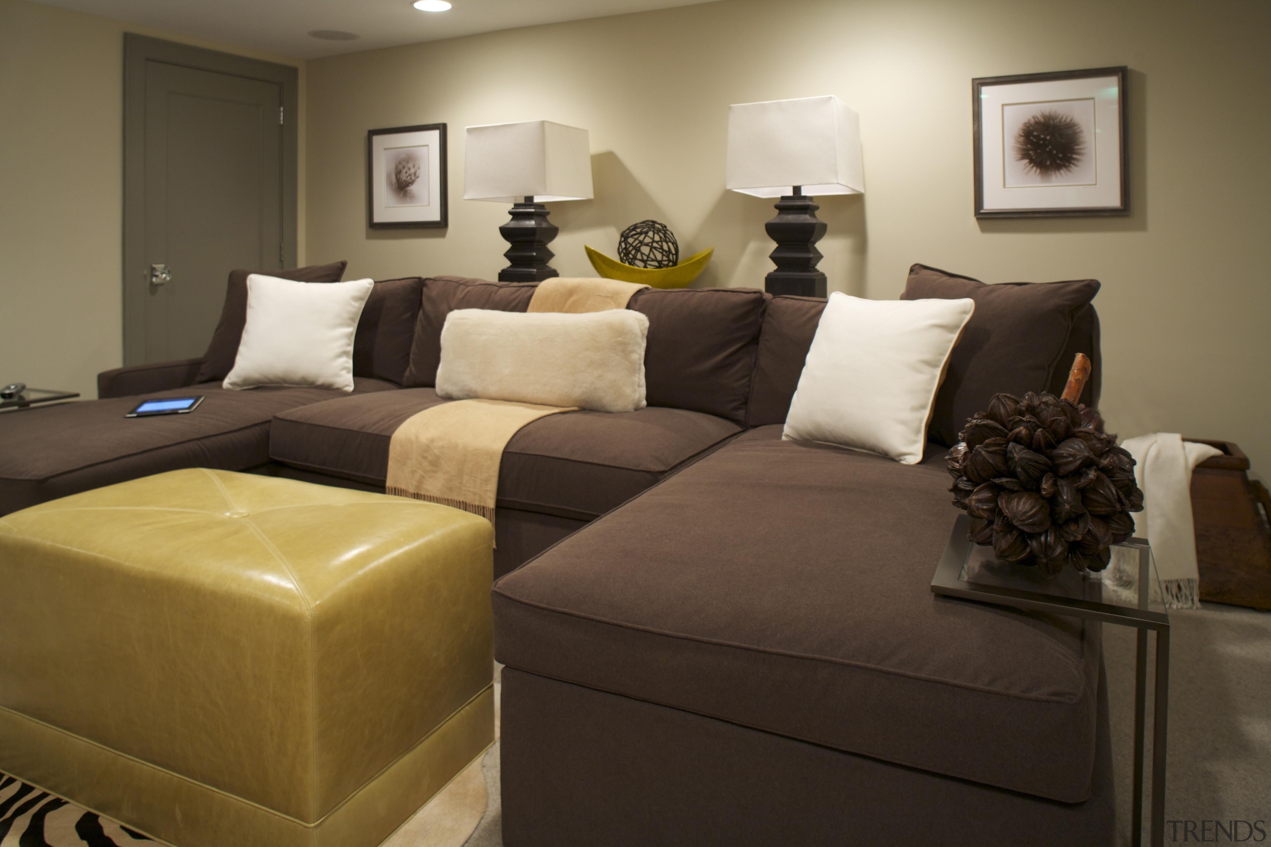 Historic Bungalow Renovation - Basement - Sectional - bed, bed frame, bedroom, furniture, home, interior design, living room, room, suite, brown, black