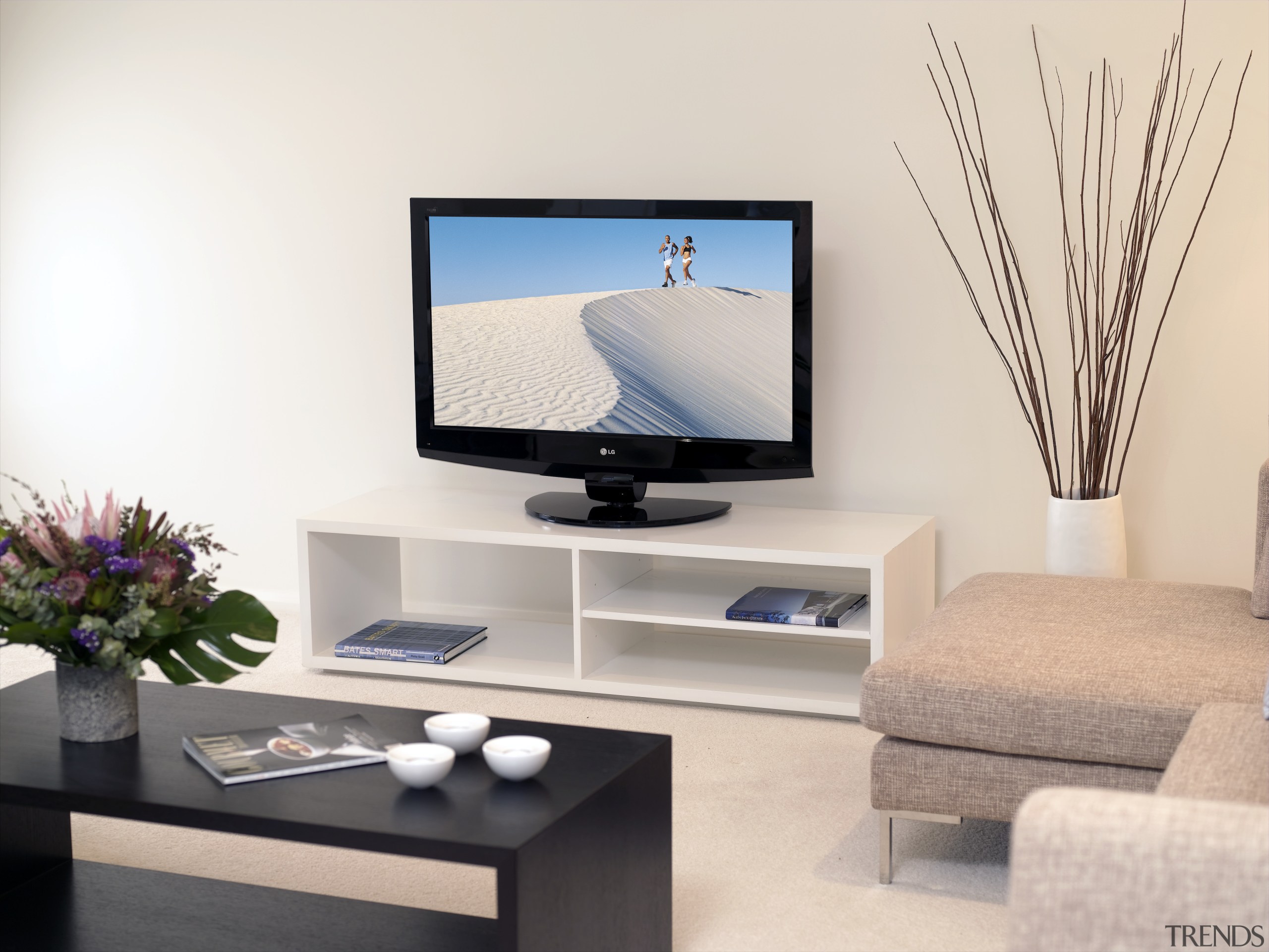 These new televisions are designed to not only display device, flat panel display, furniture, interior design, multimedia, product design, table, television, white