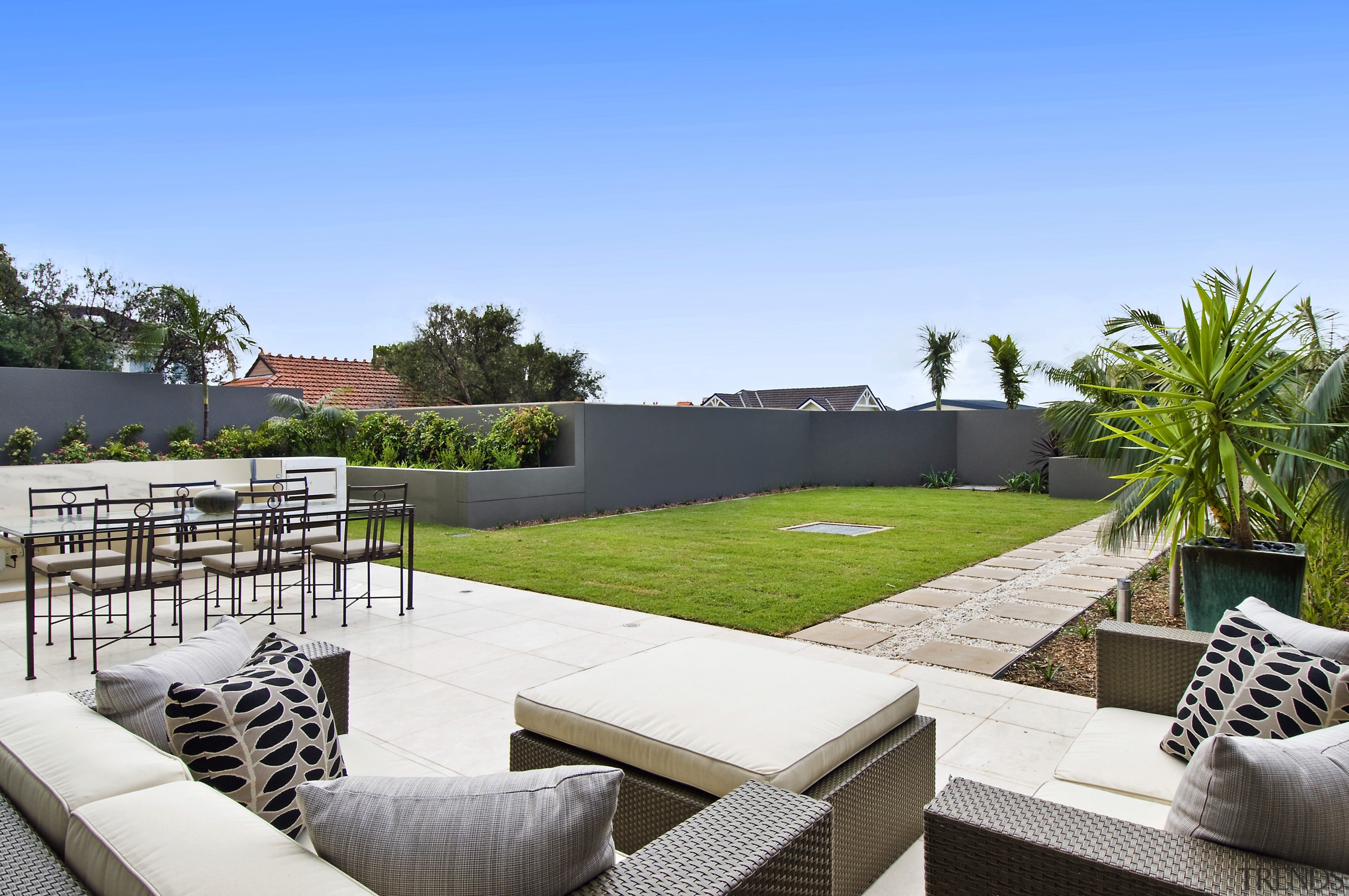 View of apartment with lounge opening out to apartment, backyard, balcony, estate, home, house, outdoor structure, penthouse apartment, property, real estate, residential area, resort, roof, villa, teal, white