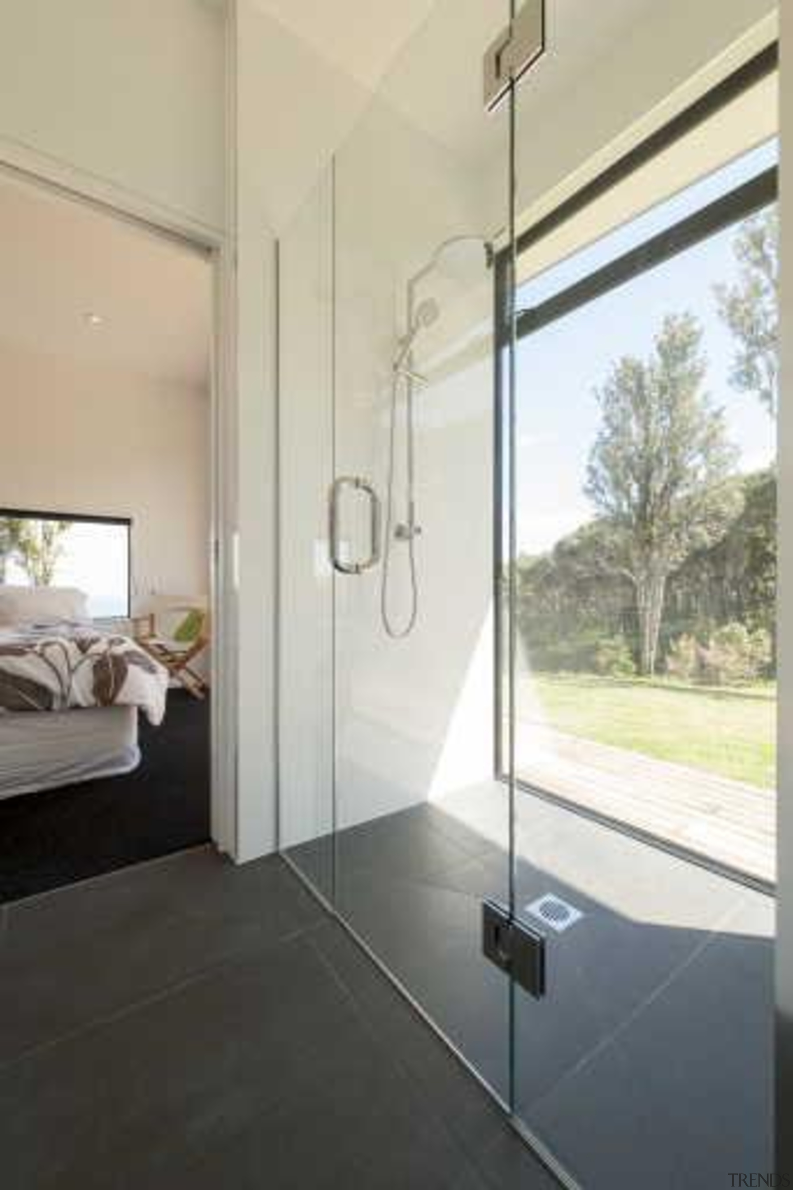 Shower chamber surrounded with glass wall - Shower architecture, bathroom, door, floor, glass, home, house, interior design, plumbing fixture, real estate, room, tile, wall, window, gray