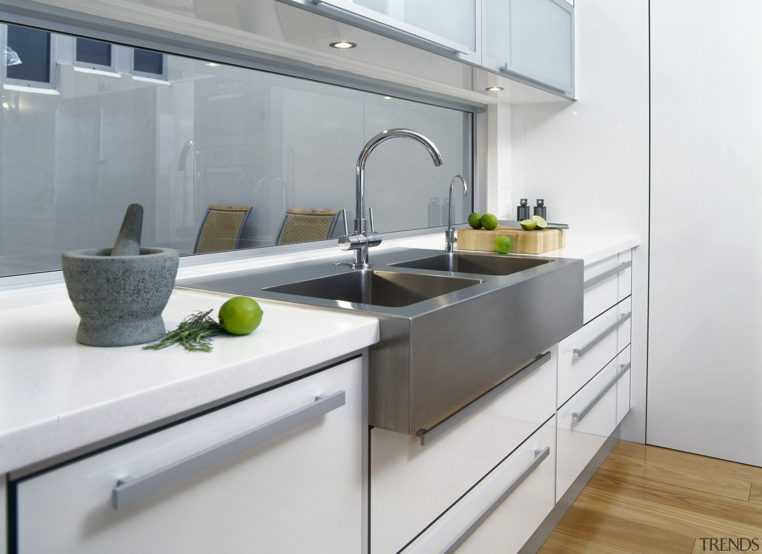 View of custom made sink with glass splashback, countertop, interior design, kitchen, sink, tap, white, gray