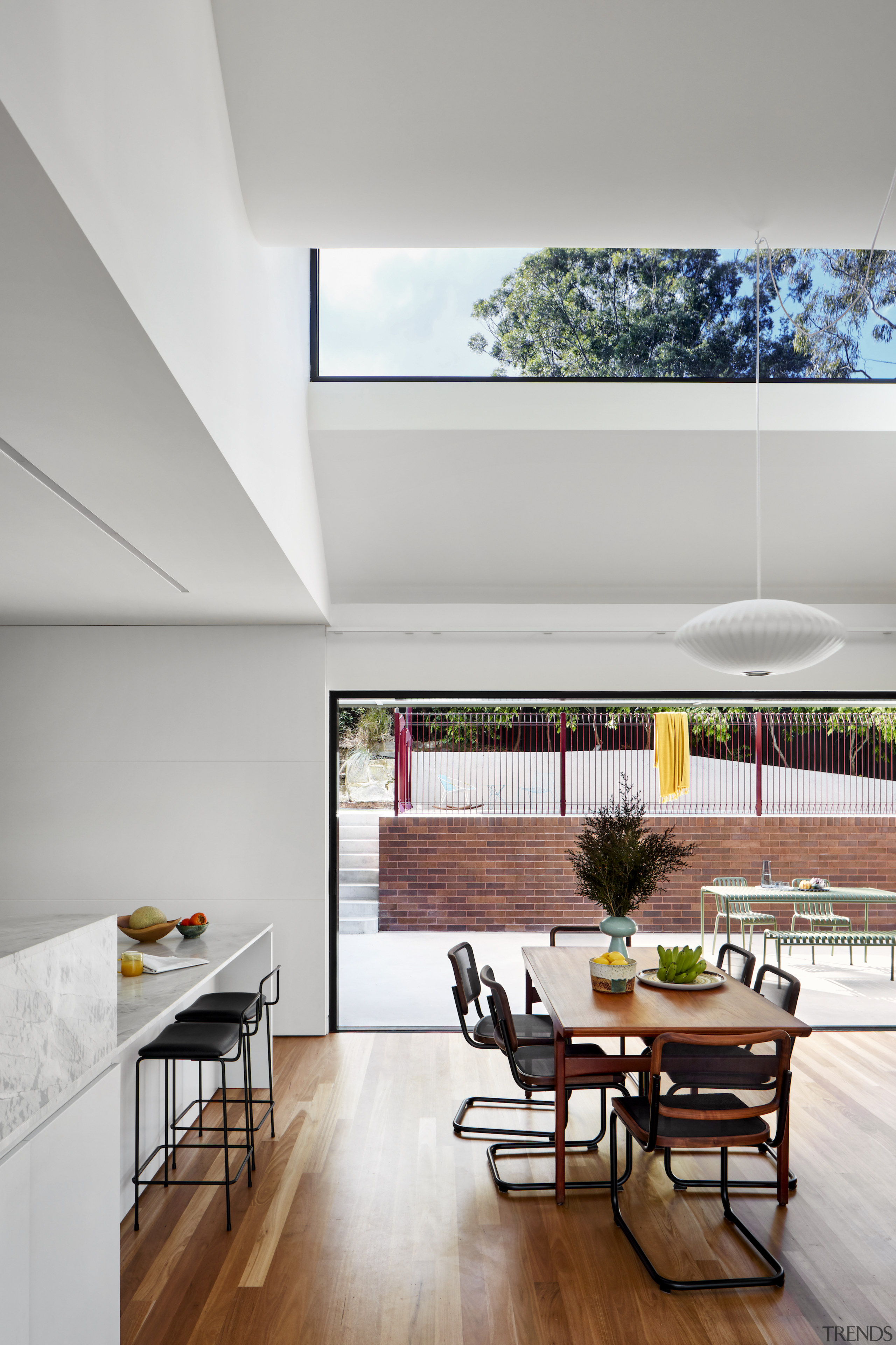 The kitchen and dining area look out on 