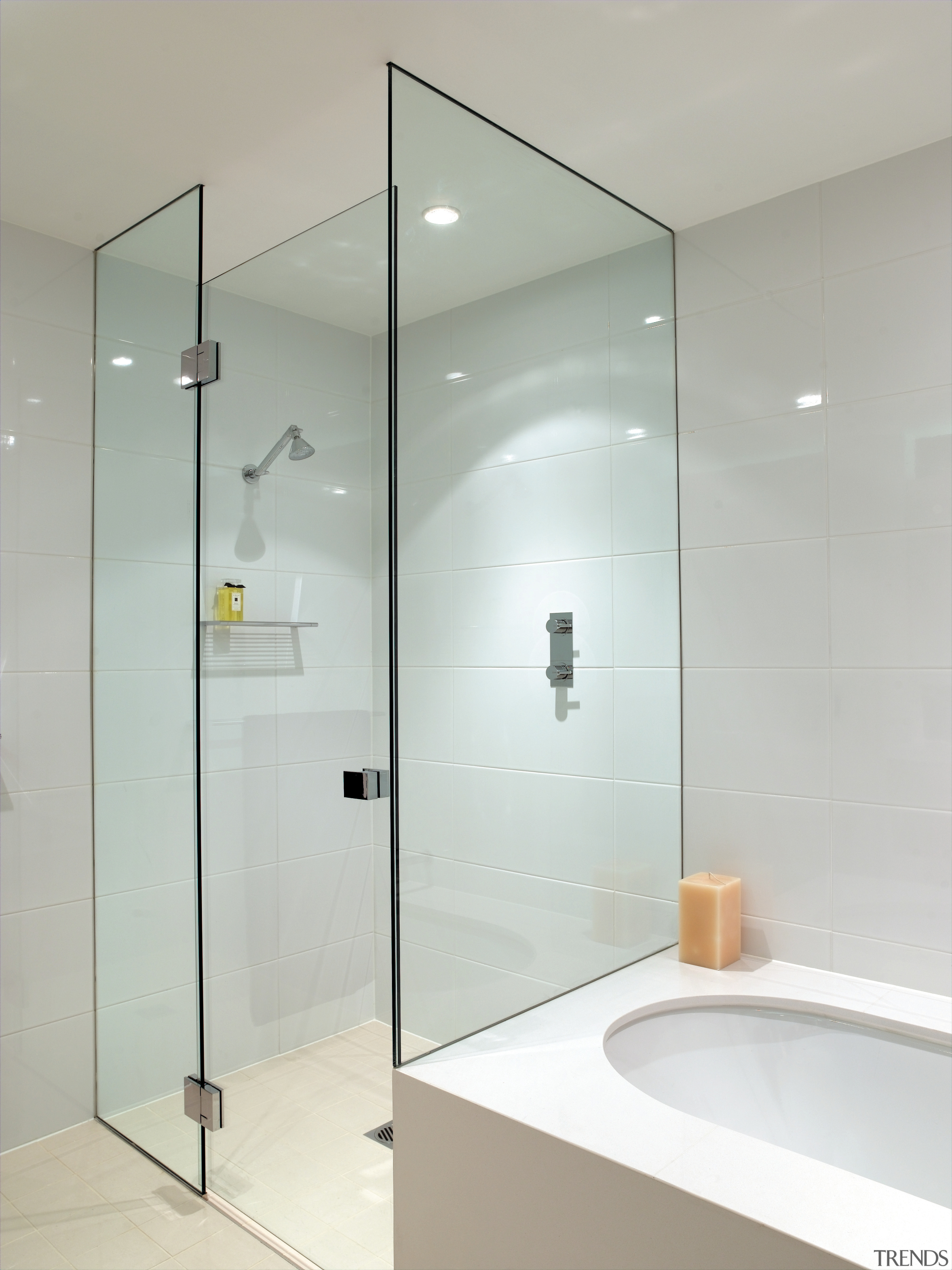 A view of a shower screen from Erina angle, bathroom, glass, interior design, plumbing fixture, product design, room, shower, shower door, tap, wall, gray