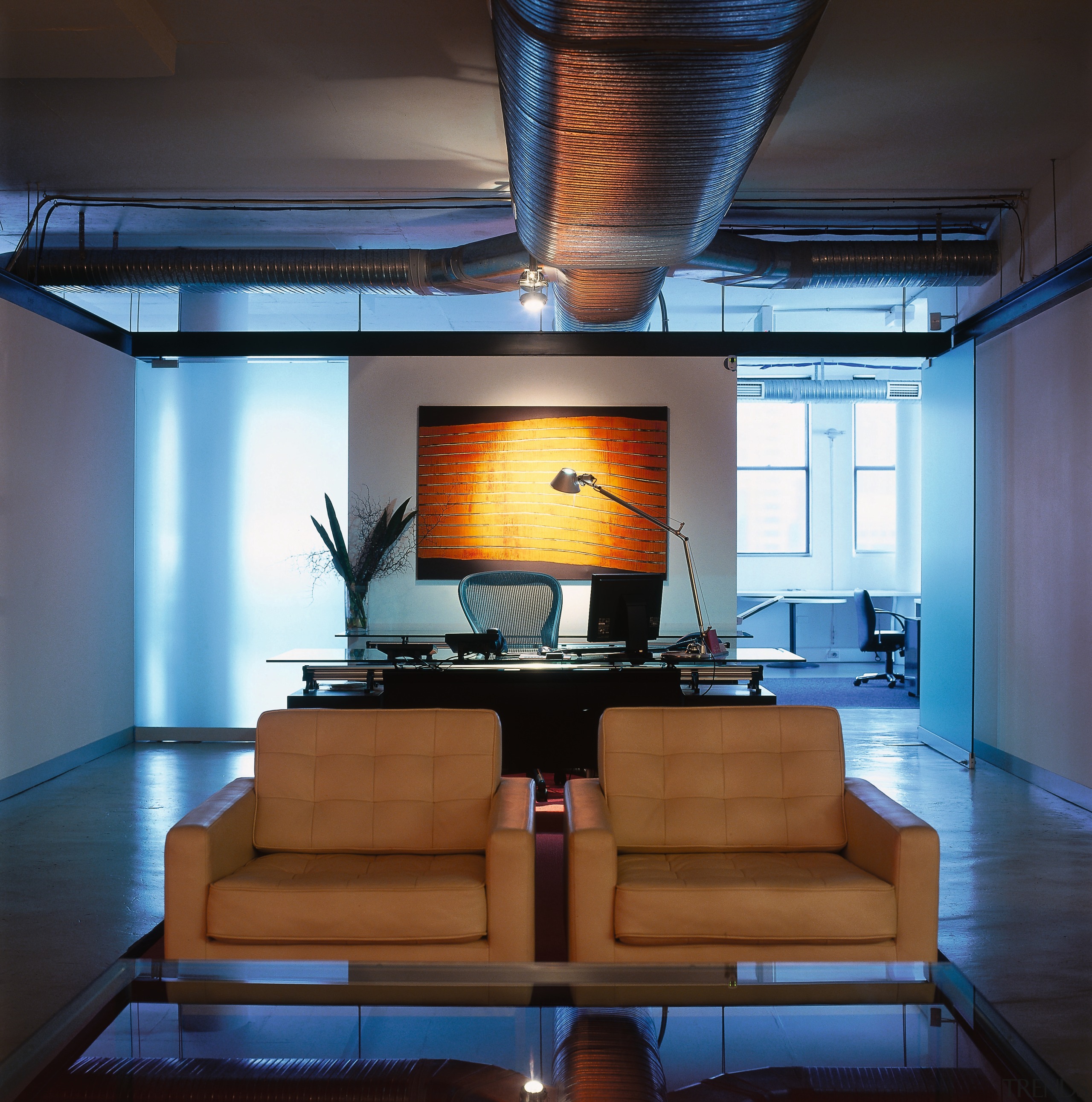 View of an office, two coffee coloured seats, architecture, ceiling, furniture, house, interior design, living room, loft, table, black