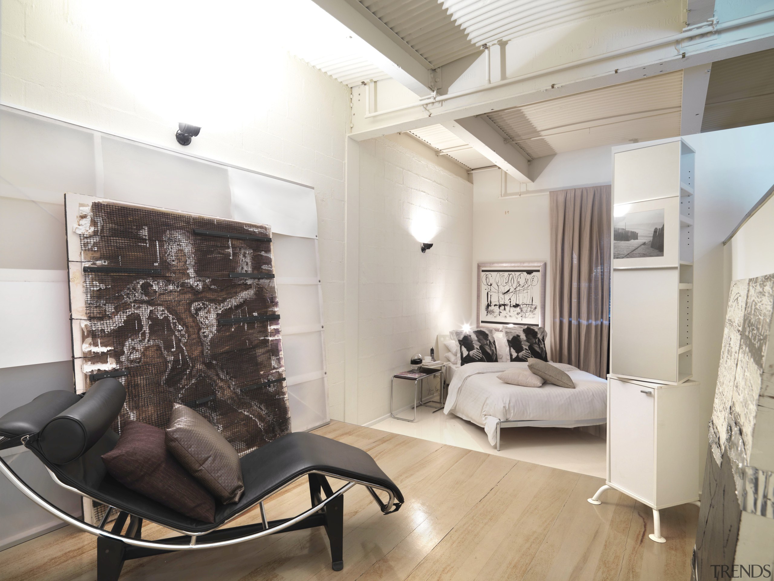 View of bedroom with light-stained timber flooring, corrugated ceiling, floor, flooring, home, interior design, living room, loft, property, real estate, room, white