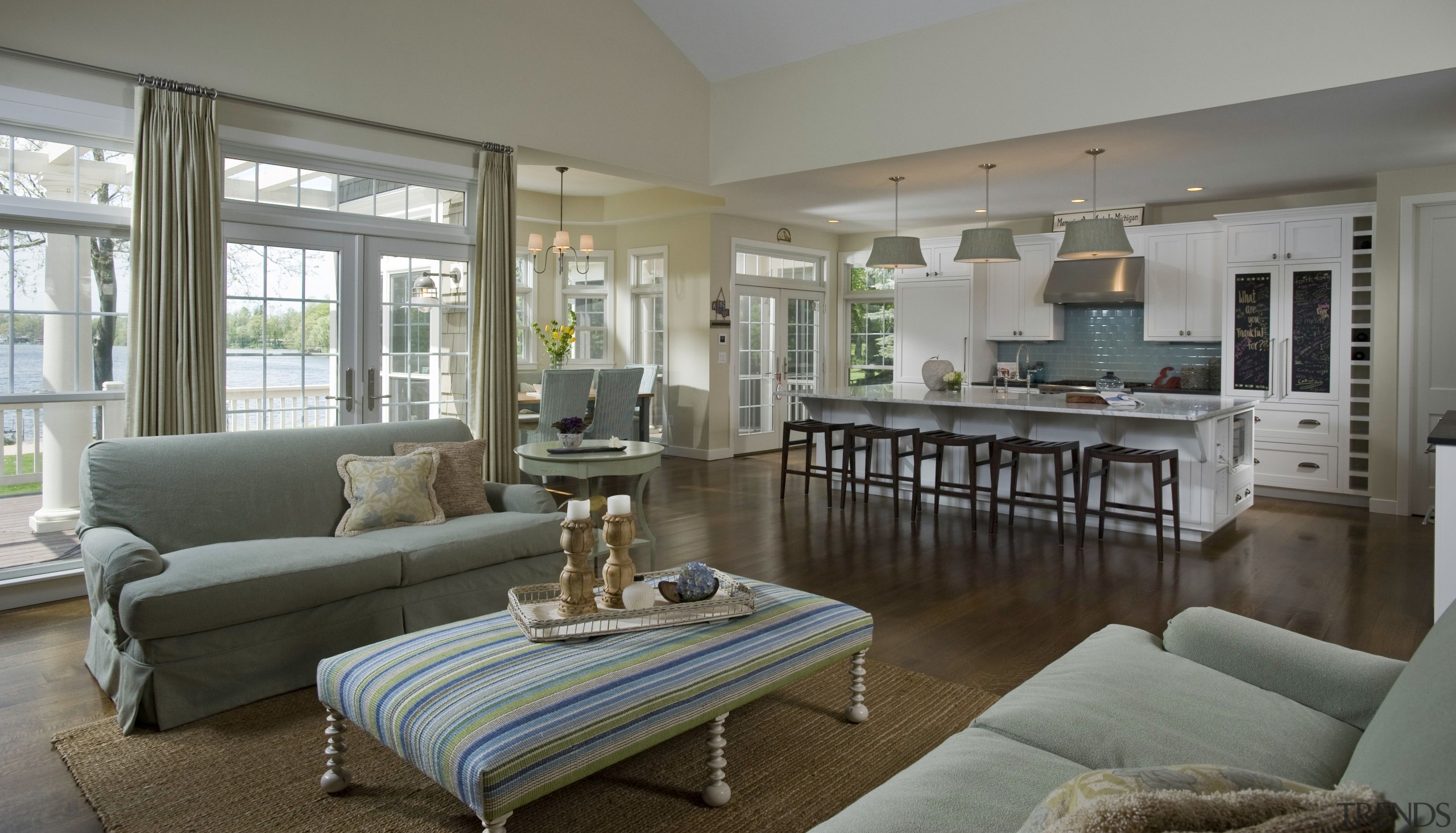 View of dining room with striped table, light ceiling, estate, home, house, interior design, living room, property, real estate, room, window, gray