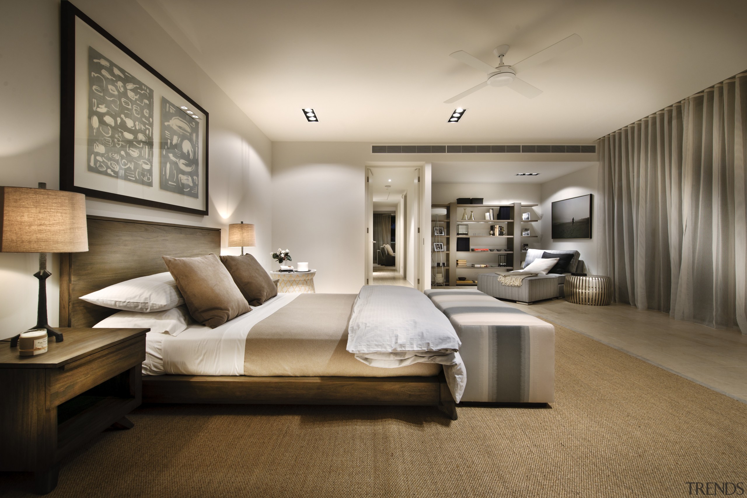 This precinct was developed by Mirvac. Here is bed frame, bedroom, ceiling, floor, interior design, room, suite, wall, brown, gray