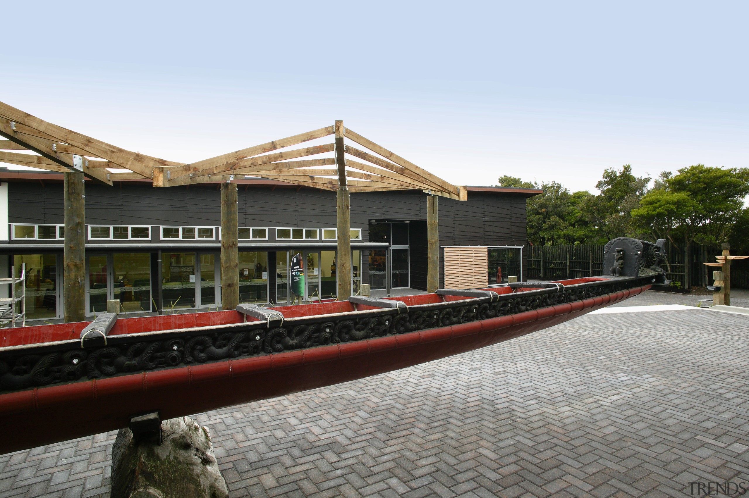 A view of the Te Puia Marae built building, white, gray