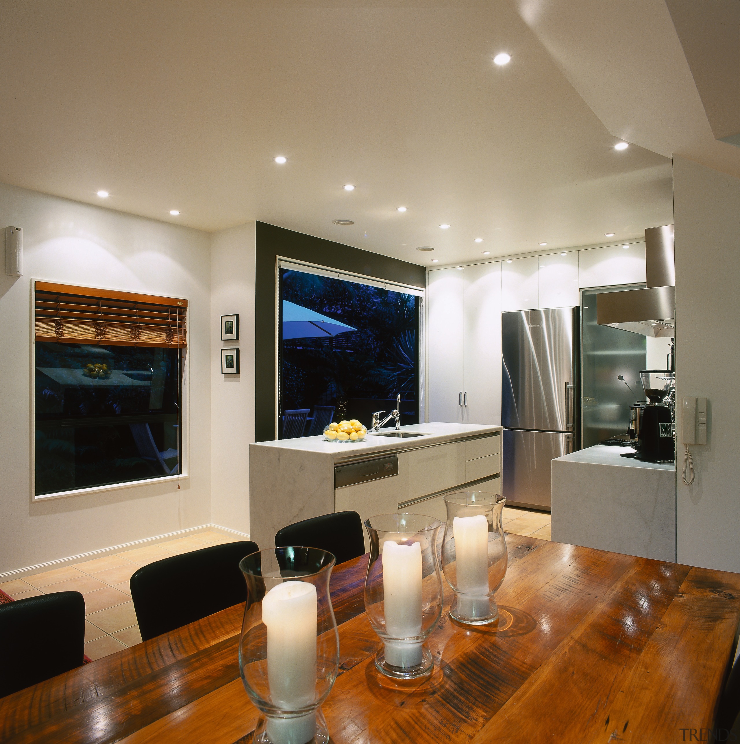 view of the dining area with kitchen in ceiling, interior design, living room, real estate, room, brown, gray