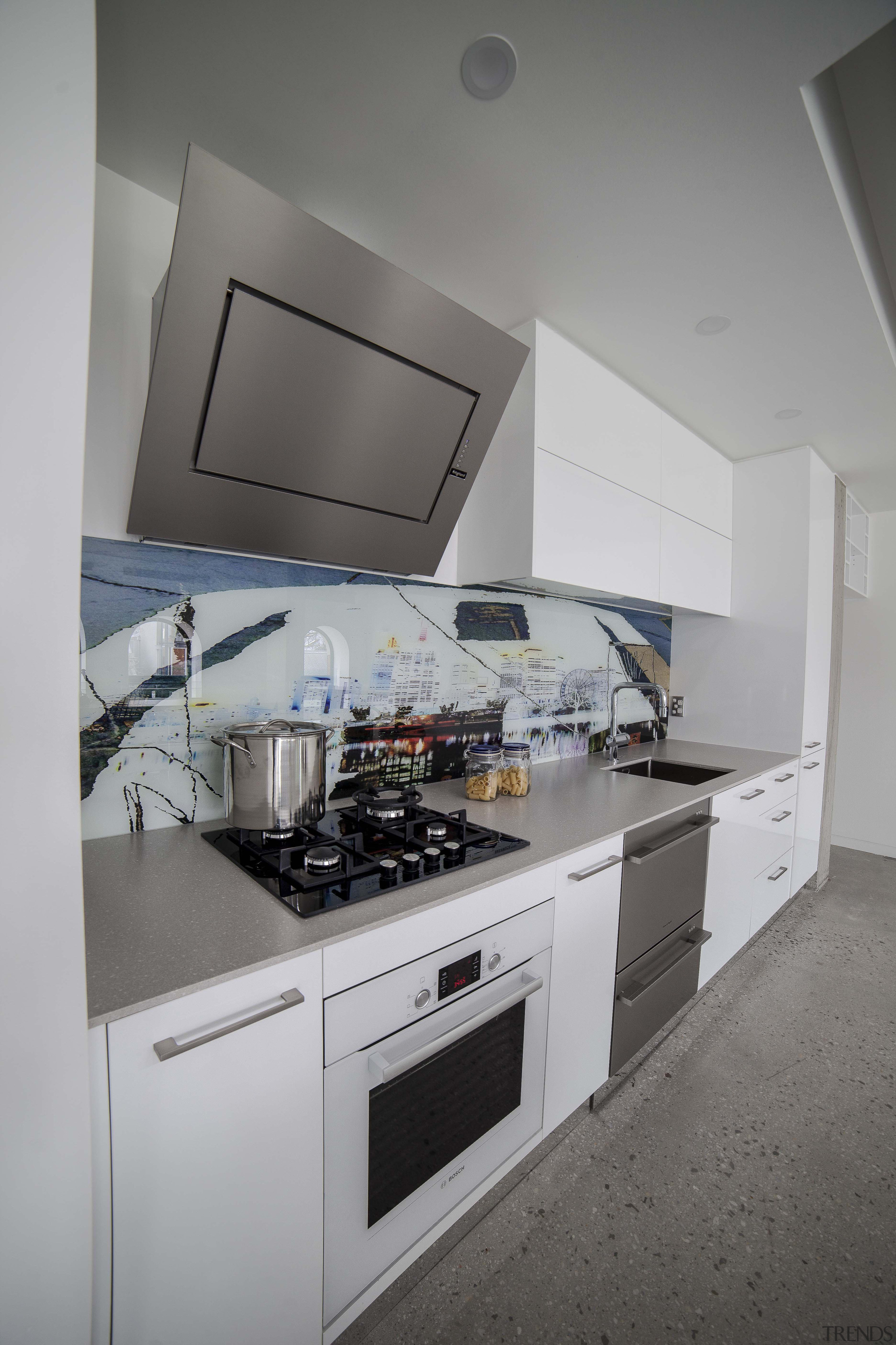 Kitchen design by Mint Kitchen Group featuring glass countertop, interior design, kitchen, product design, room, gray