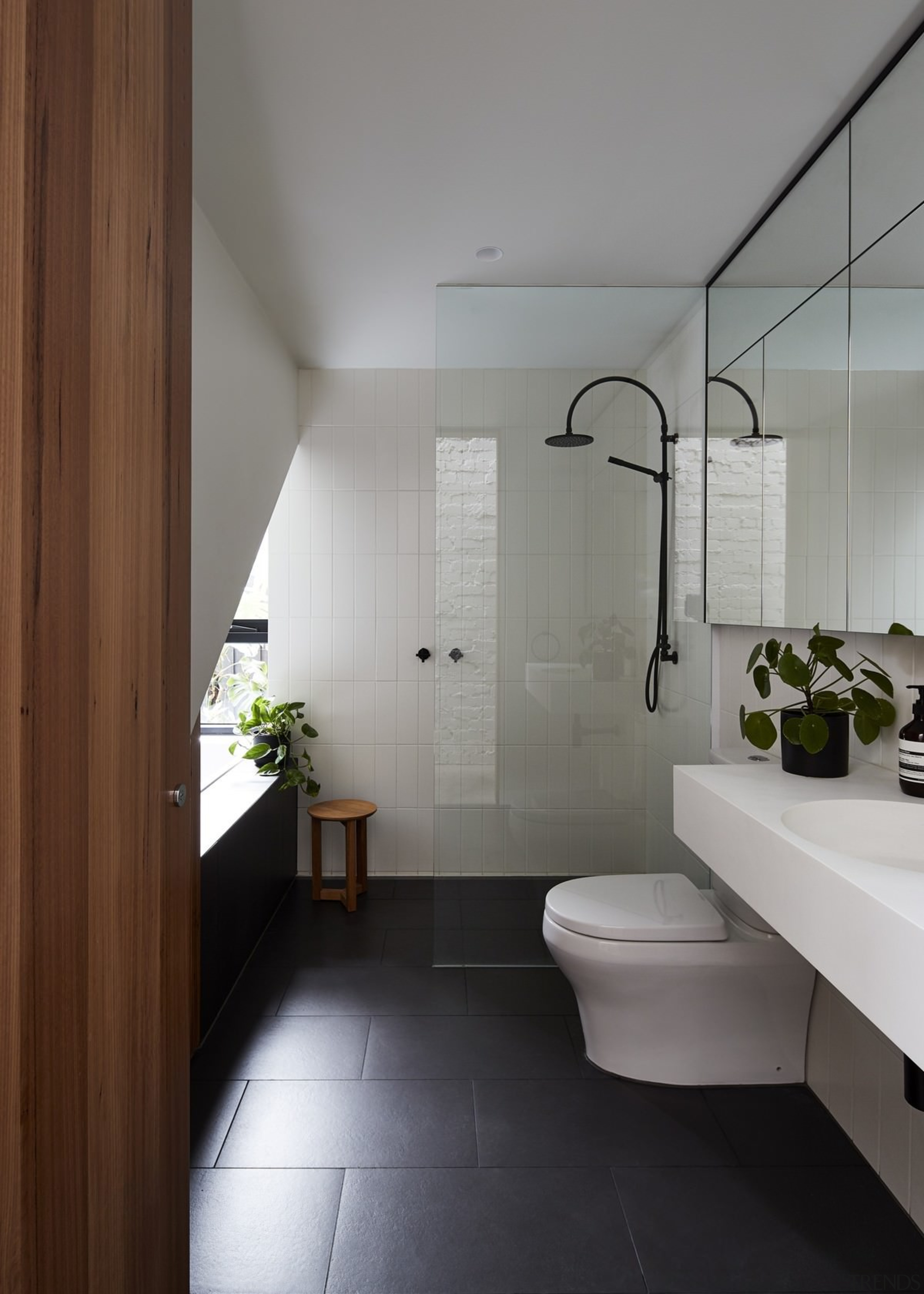 An open shower looks out to a window architecture, bathroom, ceiling, daylighting, floor, home, house, interior design, plumbing fixture, product design, room, sink, tile, gray