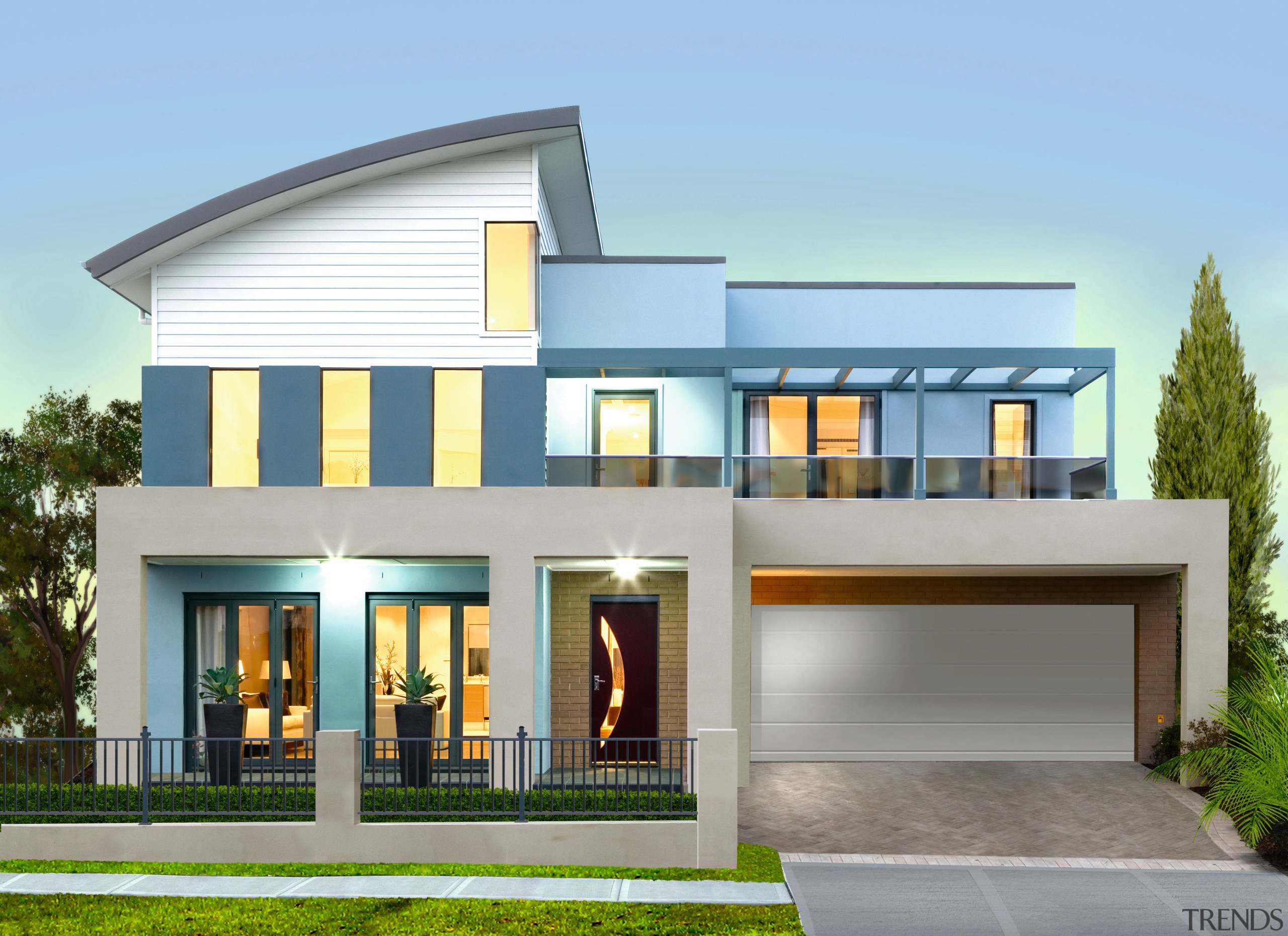 Front exterior view of multi-level house with curved building, elevation, estate, facade, home, house, official residence, property, real estate, residential area, window, gray, teal