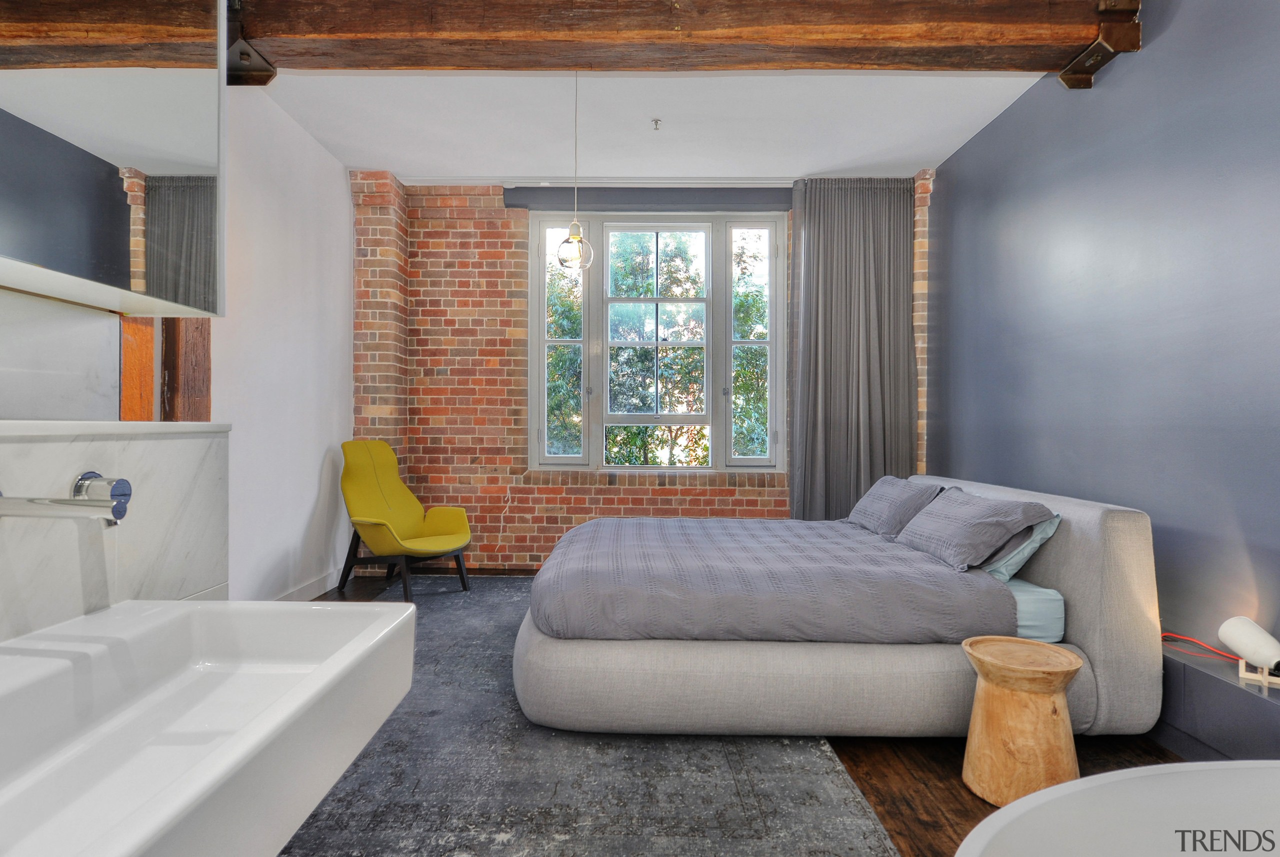 Freshened brick walls and new hand-scraped, distressed French architecture, home, house, interior design, living room, loft, real estate, room, window, gray