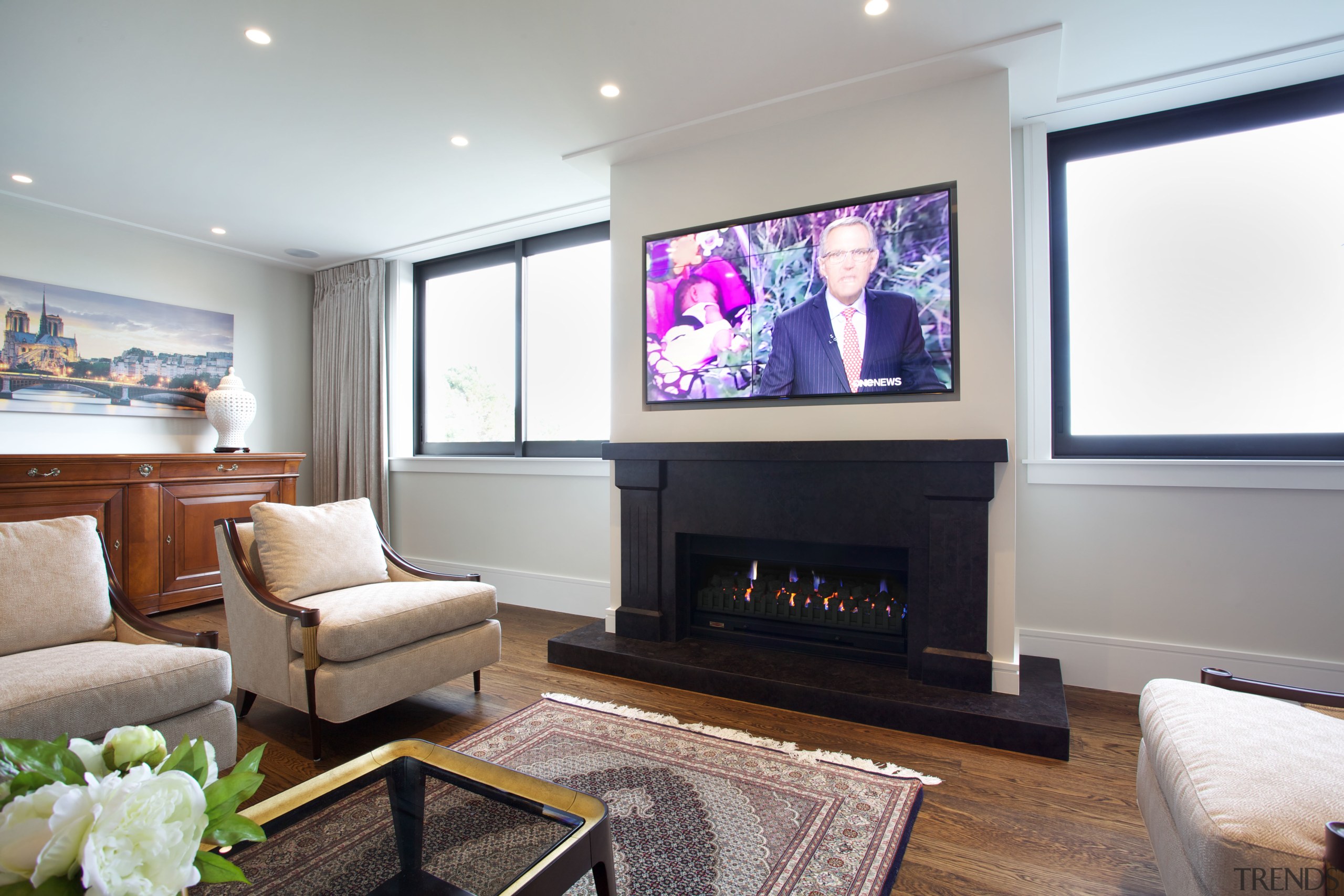 Gas fire in large home office - Gas home, interior design, living room, room, white, gray