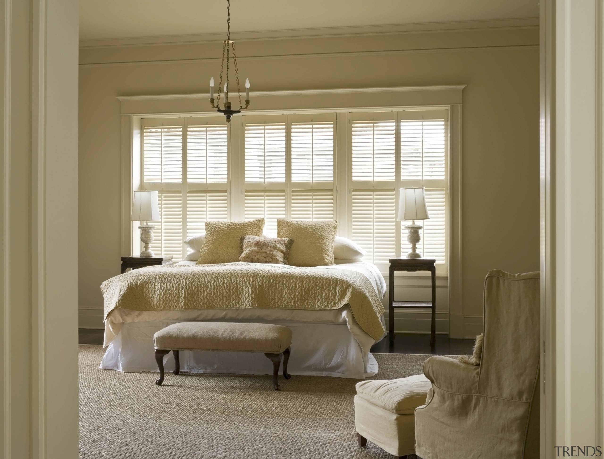 View of master bedroom which features painted shutters, bed frame, bedroom, ceiling, curtain, estate, floor, furniture, home, interior design, living room, room, wall, window, window blind, window covering, window treatment, wood, brown, gray