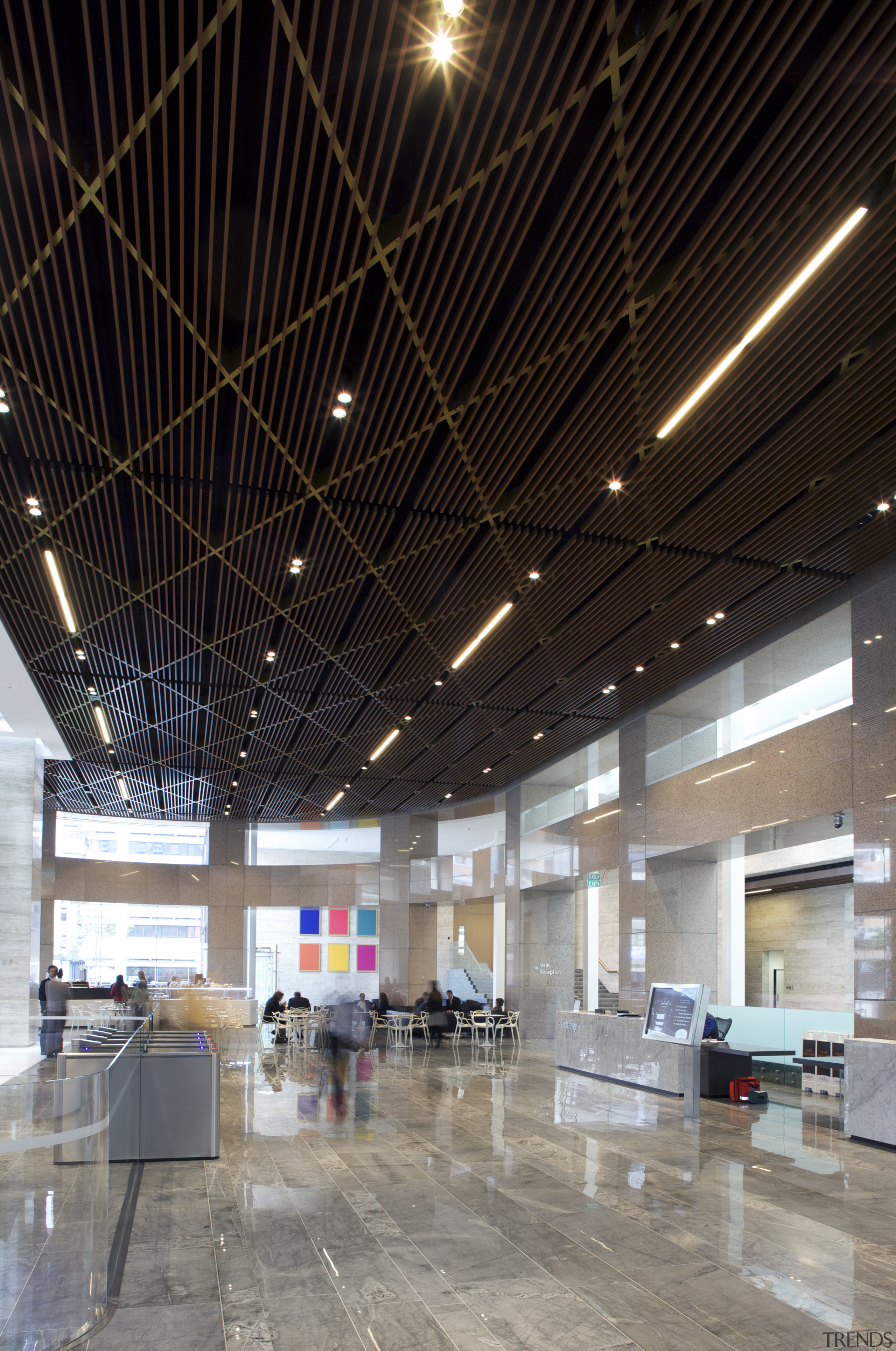 Heightened aesthetic  dramatic ceilings in ANZ Centre architecture, ceiling, daylighting, interior design, lobby, gray, black
