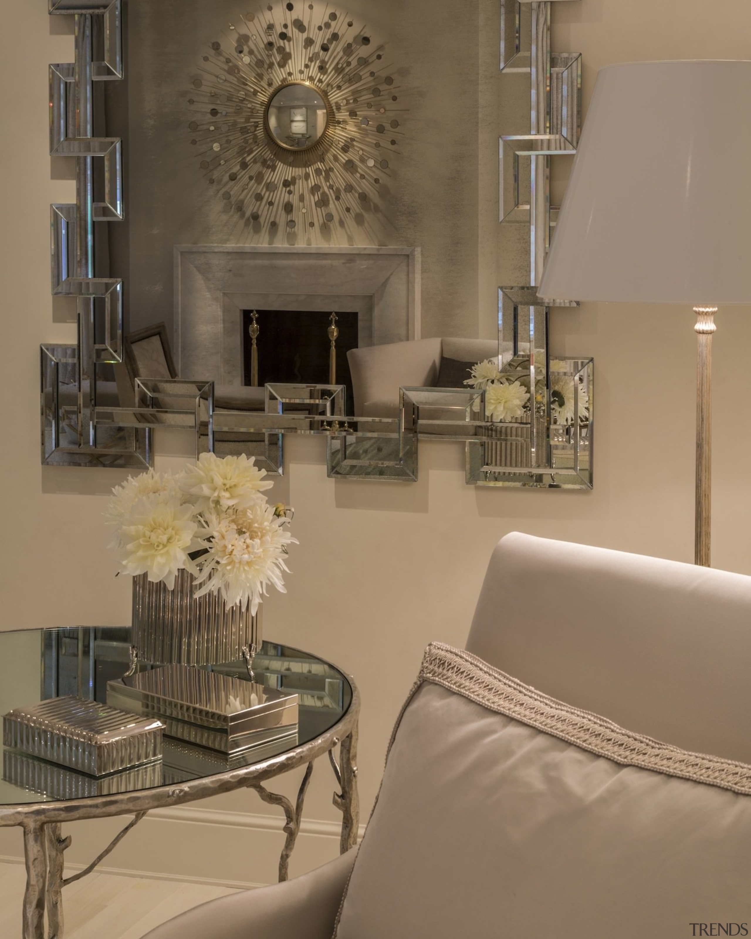 The fireplace through the mirror - The fireplace ceiling, floor, furniture, home, interior design, living room, room, table, wall, brown