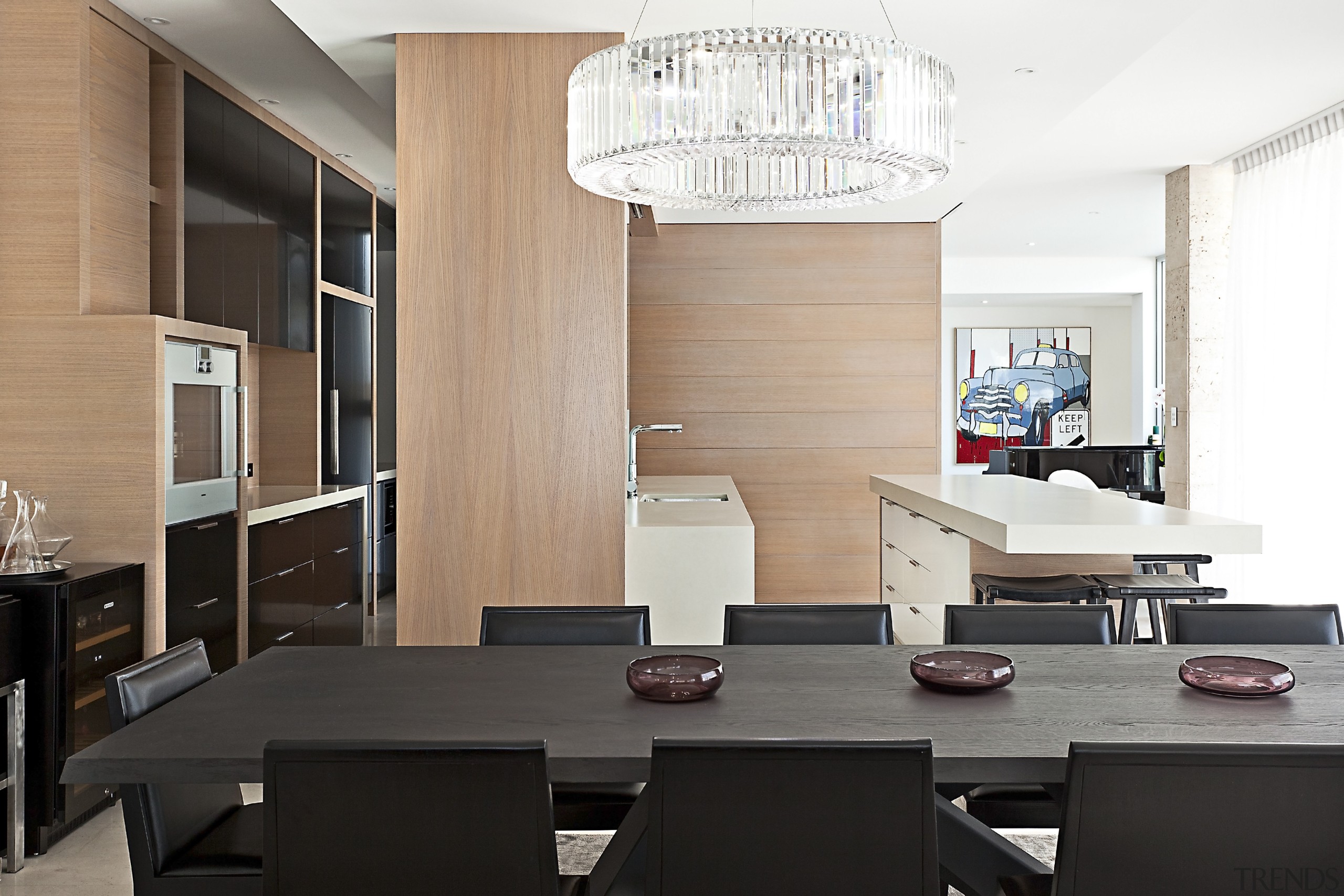 In this kitchen design, the on-show surfaces of ceiling, dining room, furniture, interior design, living room, table, white, black