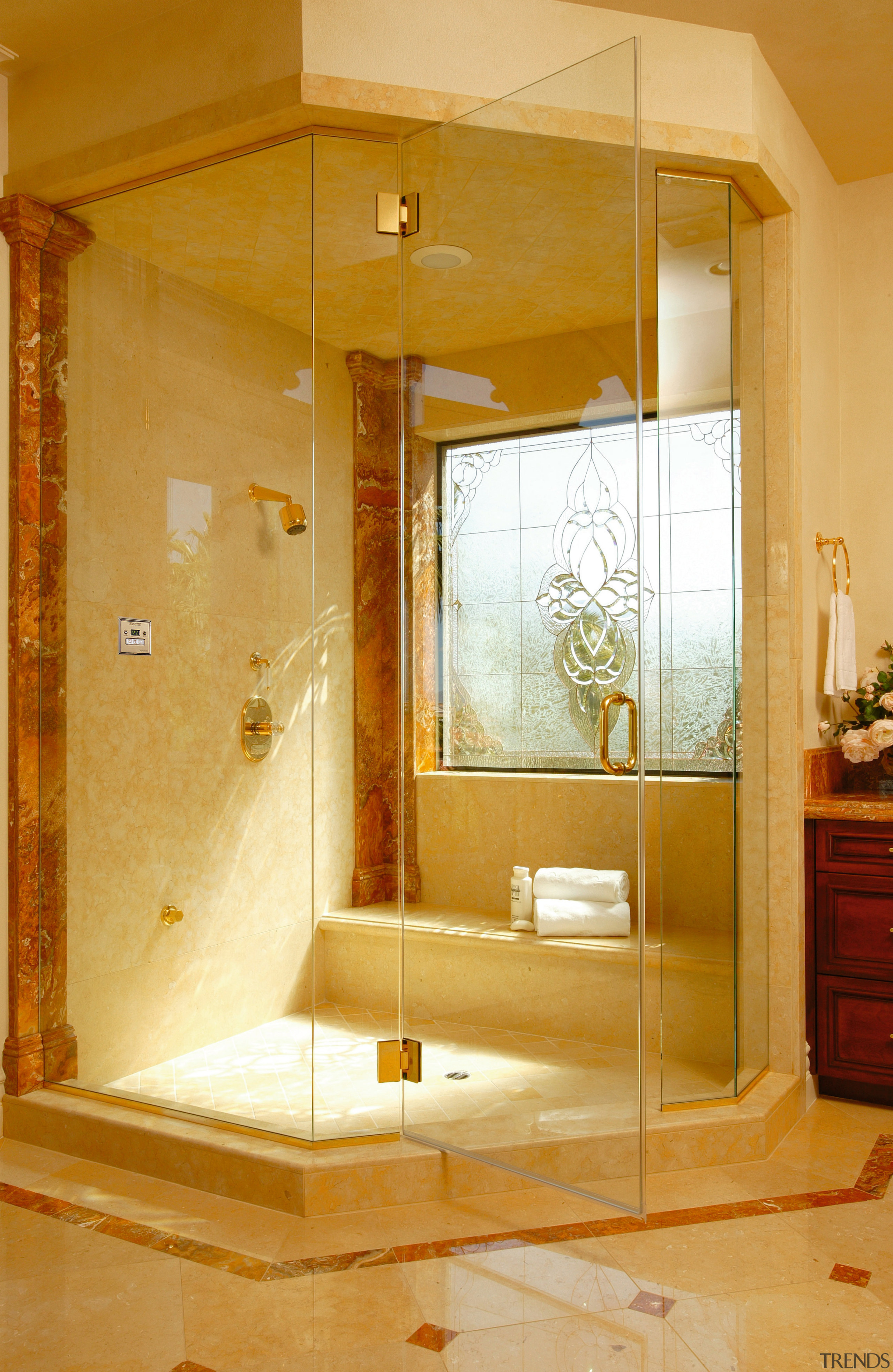 View of the shower unit - View of bathroom, floor, glass, home, interior design, plumbing fixture, room, wall, orange