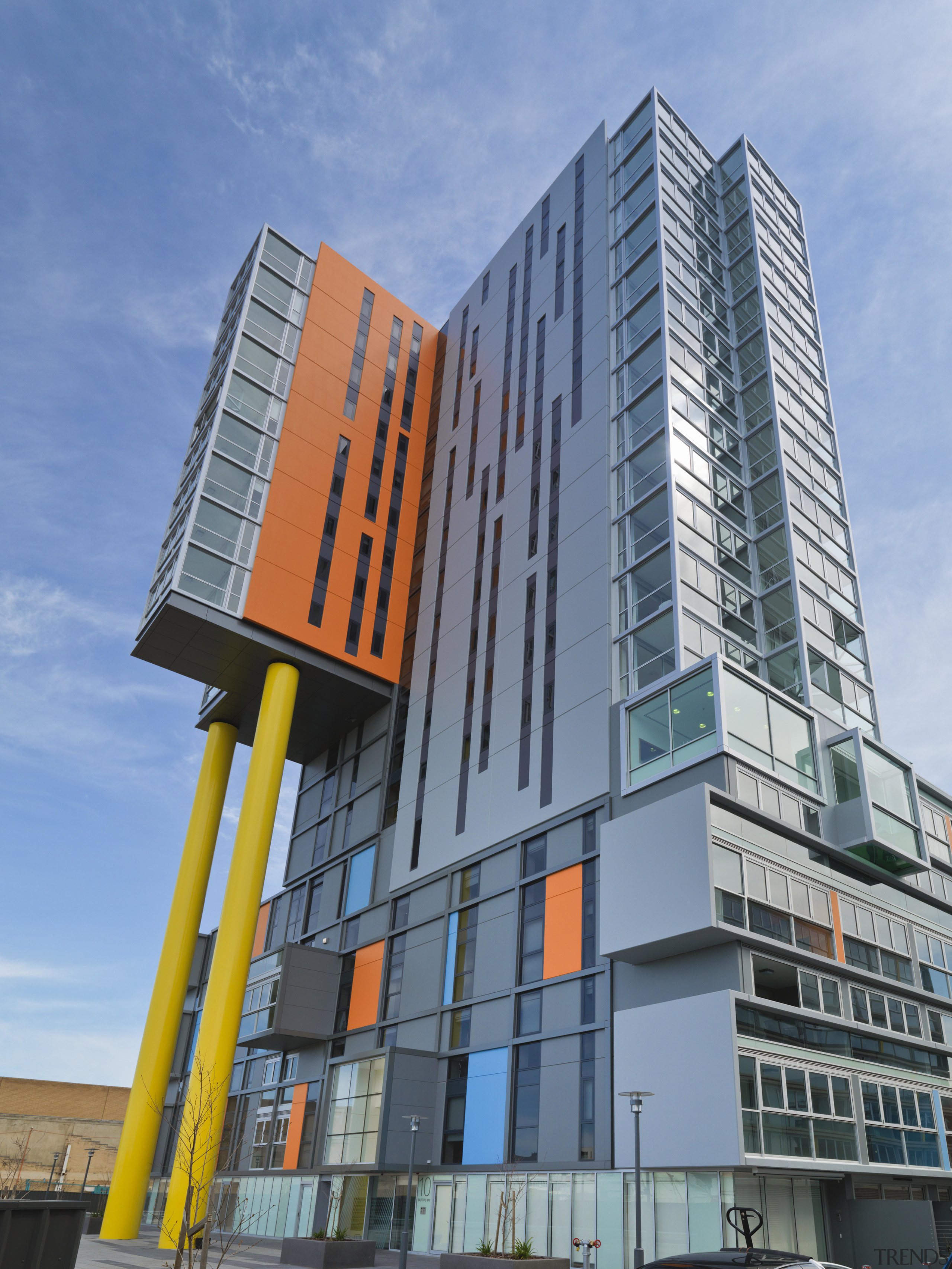 Exterior view of the Altitude in the Precinct apartment, architecture, building, city, commercial building, condominium, corporate headquarters, daytime, facade, headquarters, metropolis, metropolitan area, mixed use, neighbourhood, real estate, sky, skyscraper, tower block, urban area, teal
