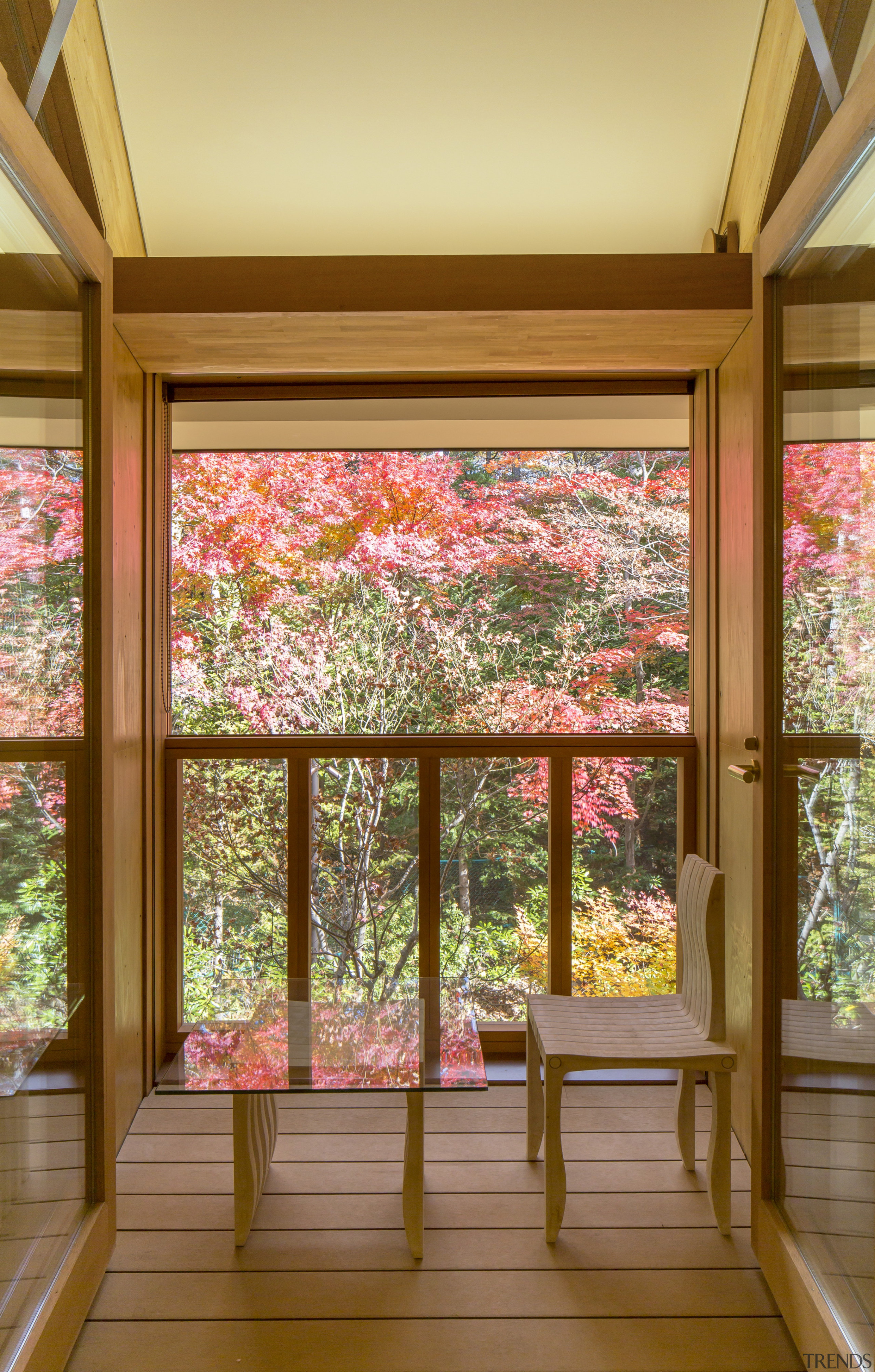 Shishi-iwa balcony views. - Shishi-iwa House, designed by architecture, blossom, botany, building, ceiling, cherry blossom, door, flower, furniture, home, house, interior design, plant, room, tree, window, woody plant, brown