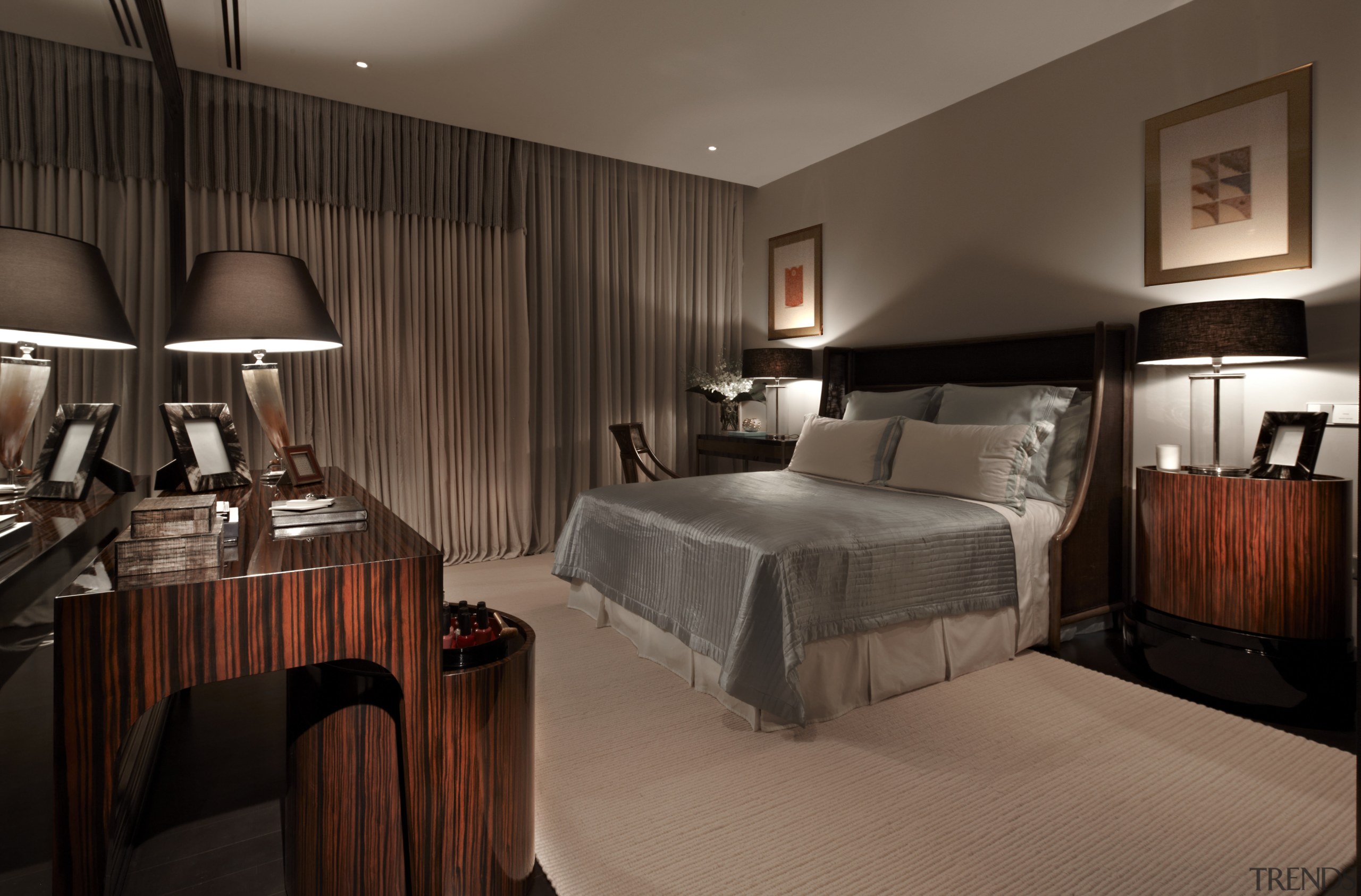 Modelled on an antique Chinese piece, this dresser bedroom, ceiling, furniture, interior design, room, suite, brown, black