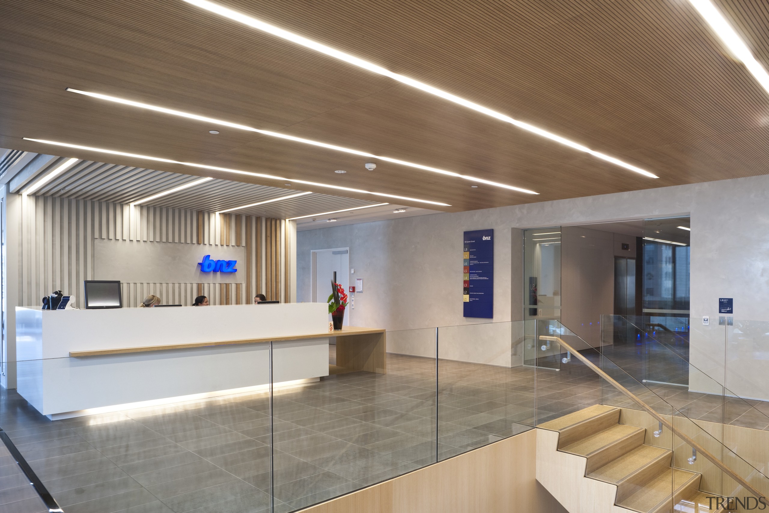 The offices of BNZ feature a combination of architecture, ceiling, daylighting, floor, interior design, leisure centre, lobby, gray, brown