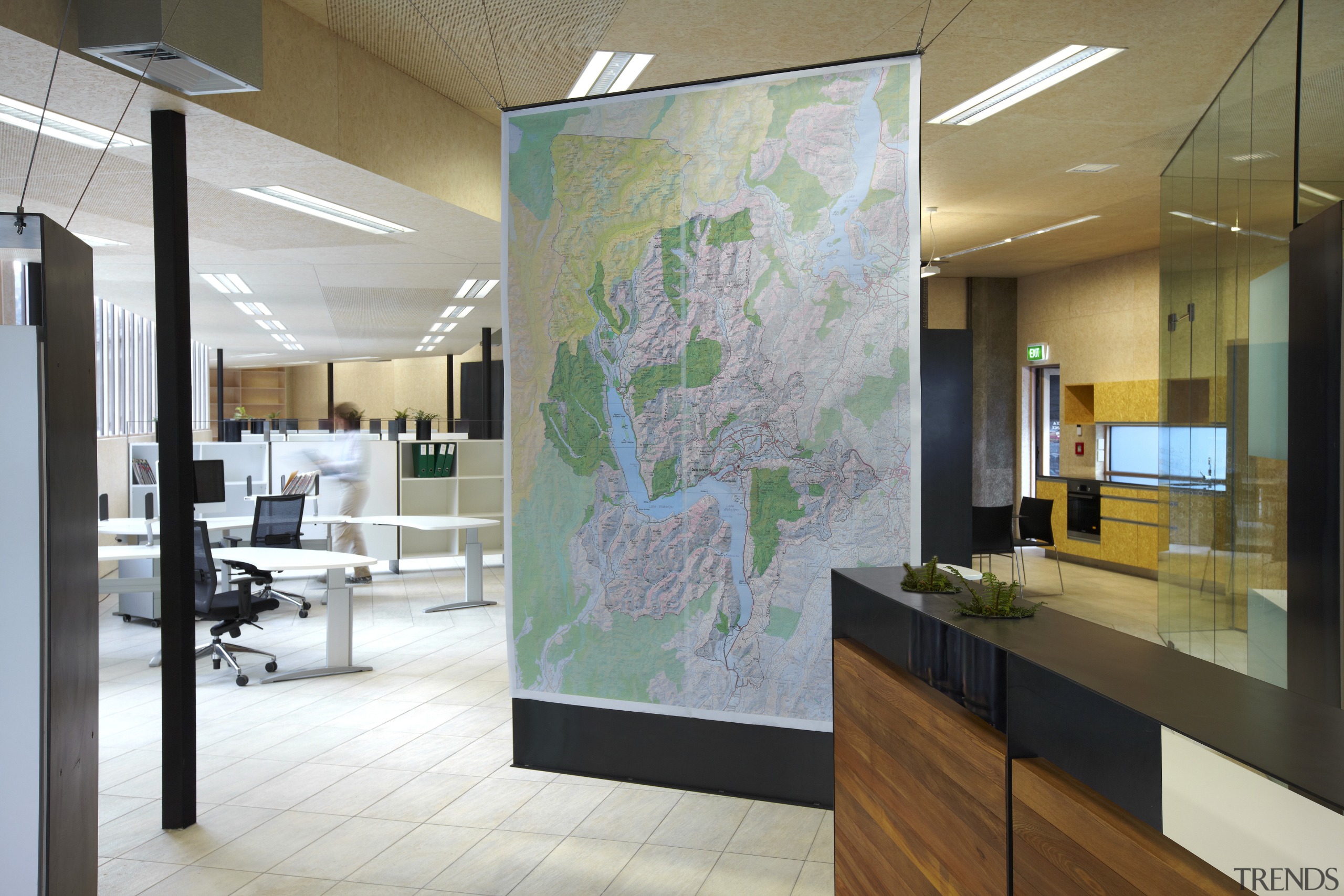 View of DOC building with neutral toned interior exhibition, floor, glass, interior design, lobby, wall, gray