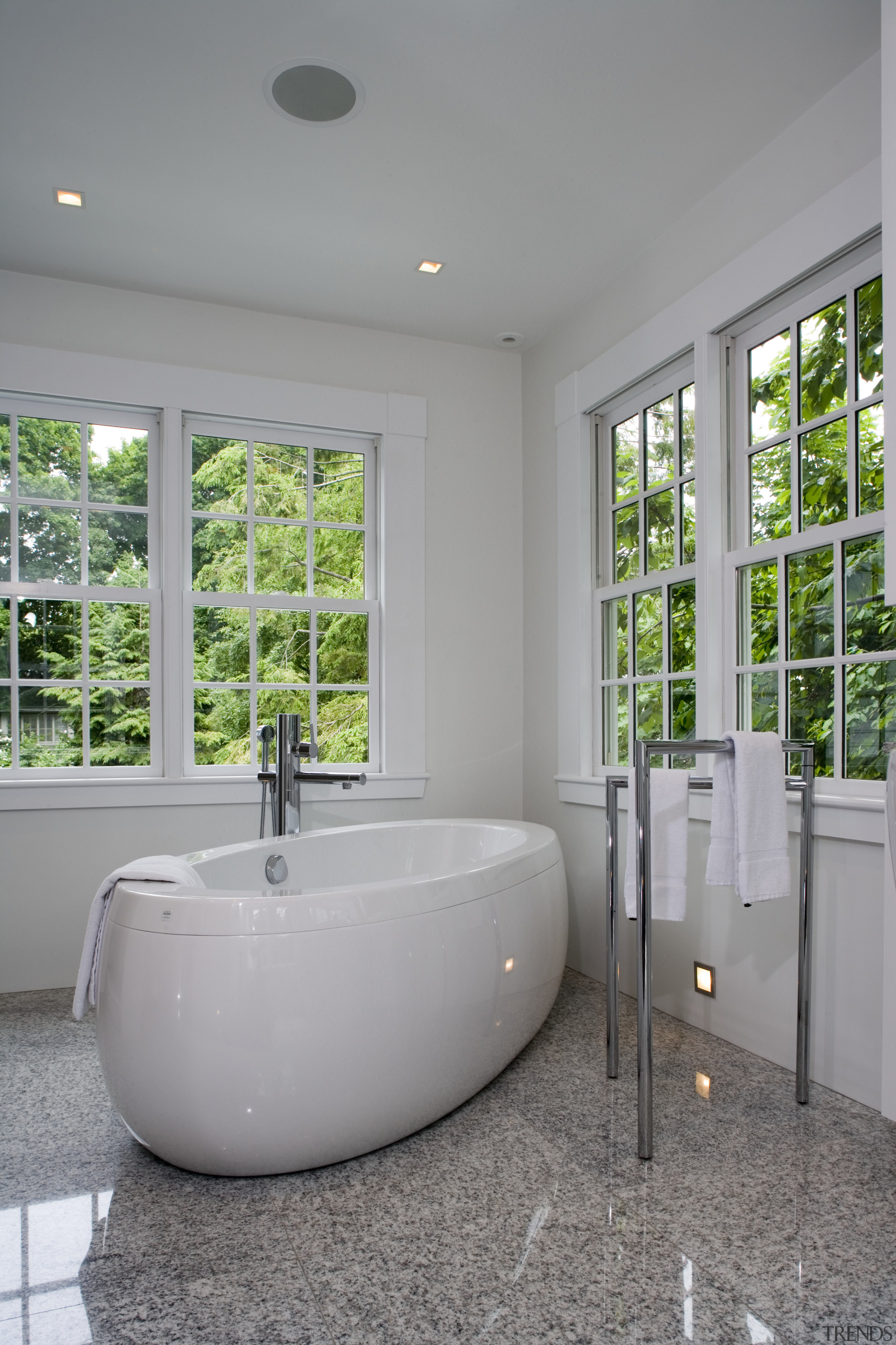 New, classic-look windows frame the views. - New, architecture, bathroom, floor, home, interior design, plumbing fixture, real estate, window, gray