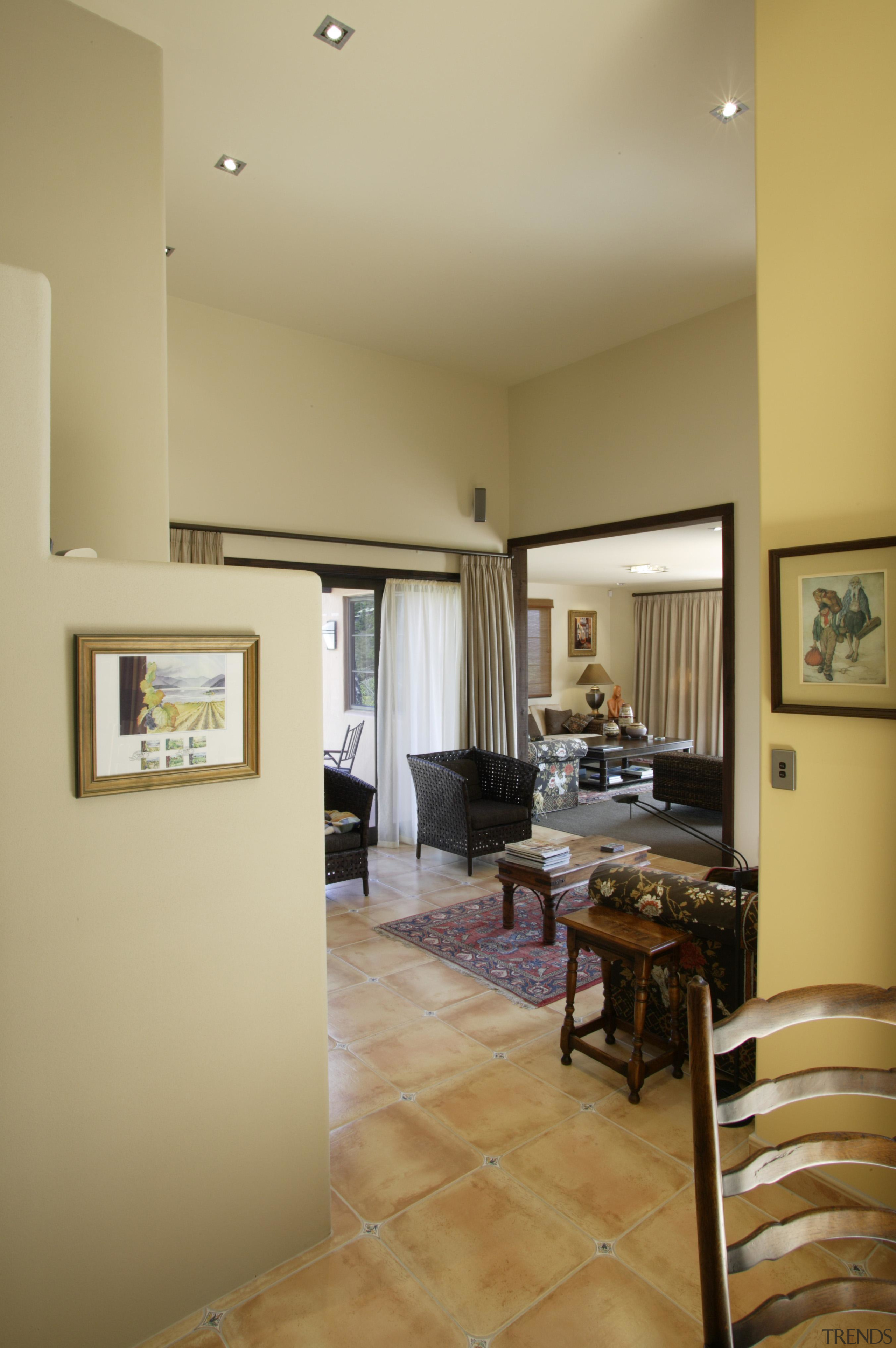 Family area in yellow with wooden furniture in apartment, ceiling, floor, flooring, hardwood, home, interior design, living room, real estate, room, wood, wood flooring, orange, brown