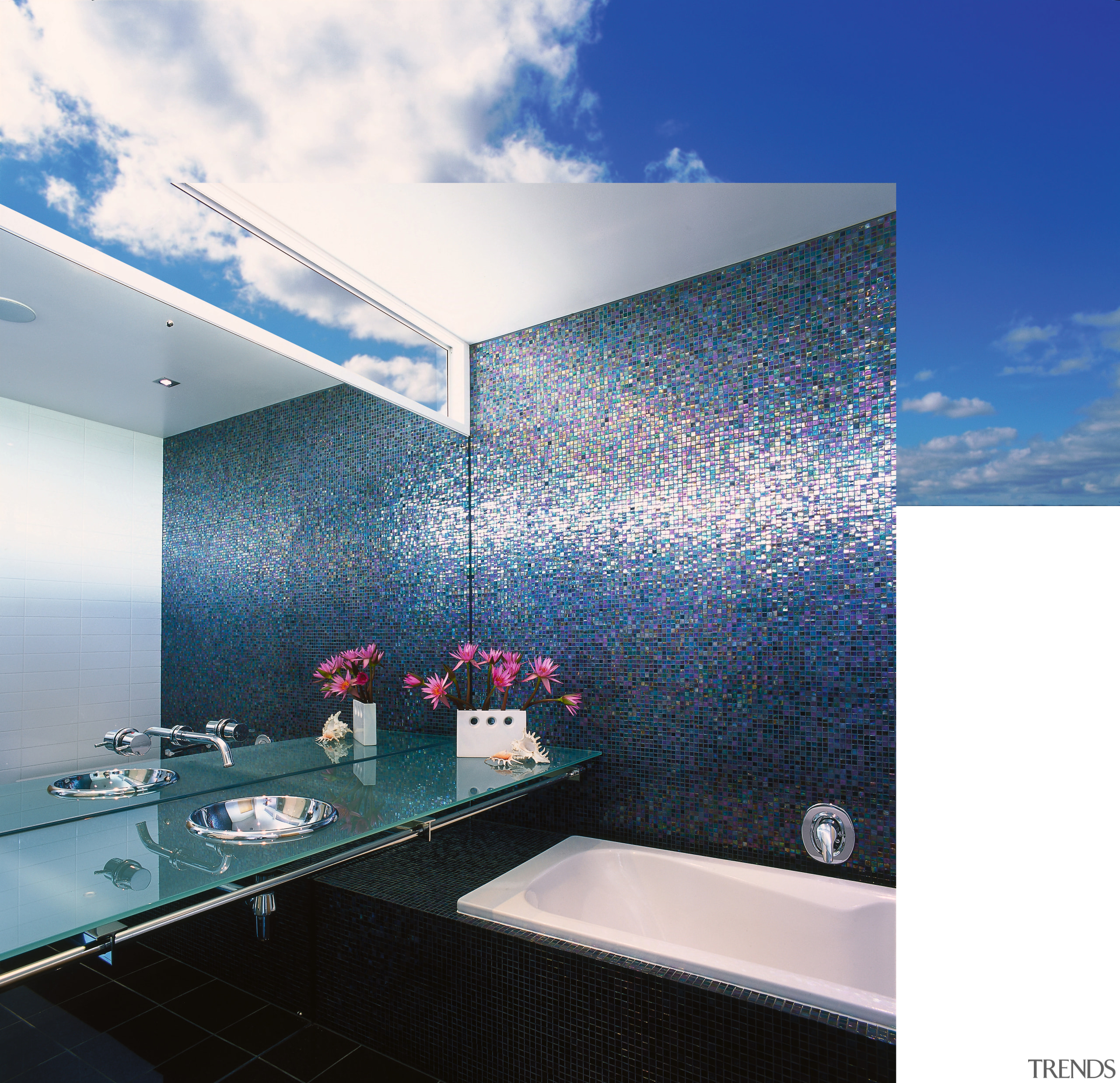 view of the bathroom showing an entire wall architecture, bathroom, ceiling, daylighting, glass, home, house, interior design, property, sky, wall, white