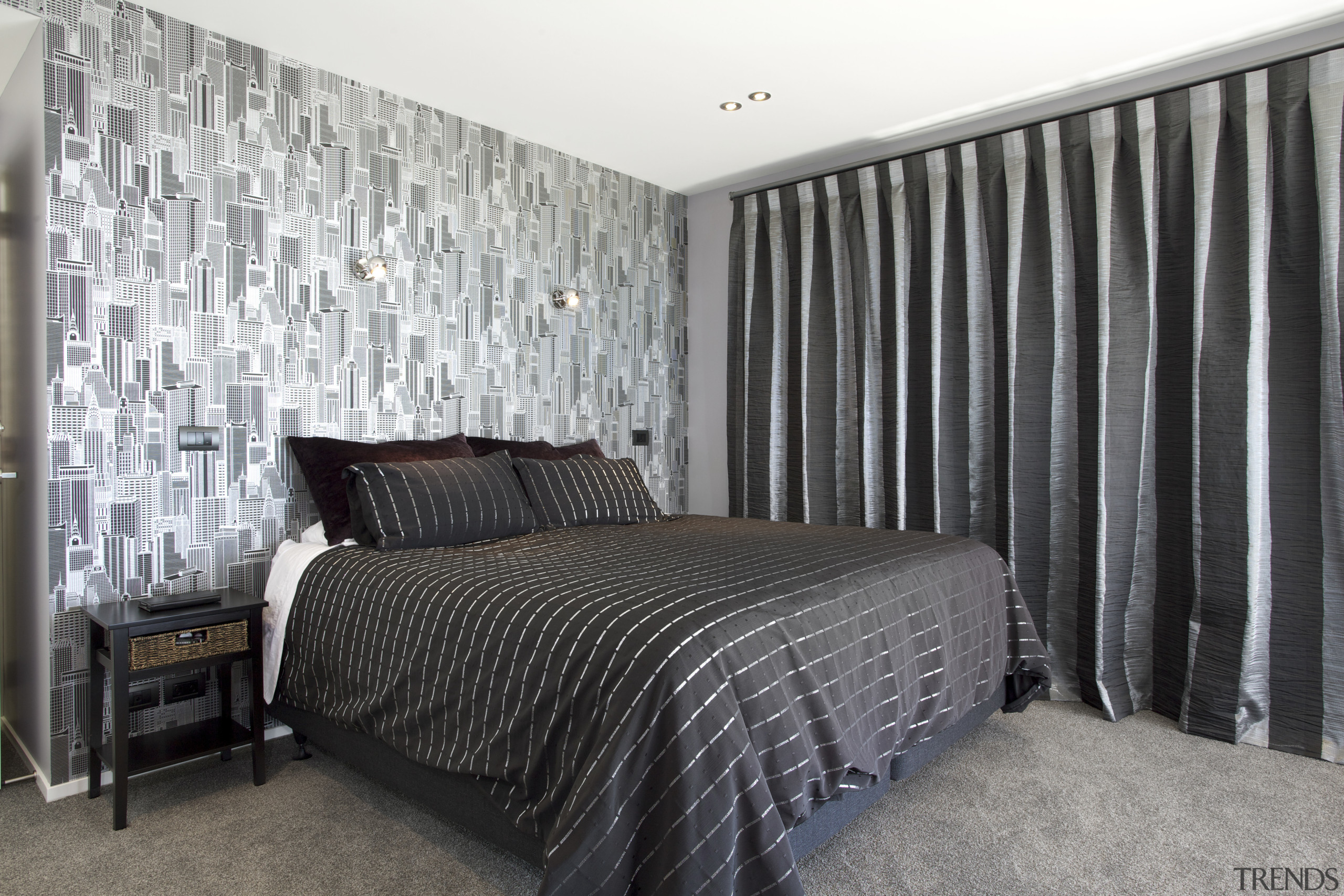 Coastal house interior by Yellowfox - Coastal house bed frame, bedroom, ceiling, curtain, home, interior design, real estate, room, textile, wall, window, window covering, window treatment, black, white, gray