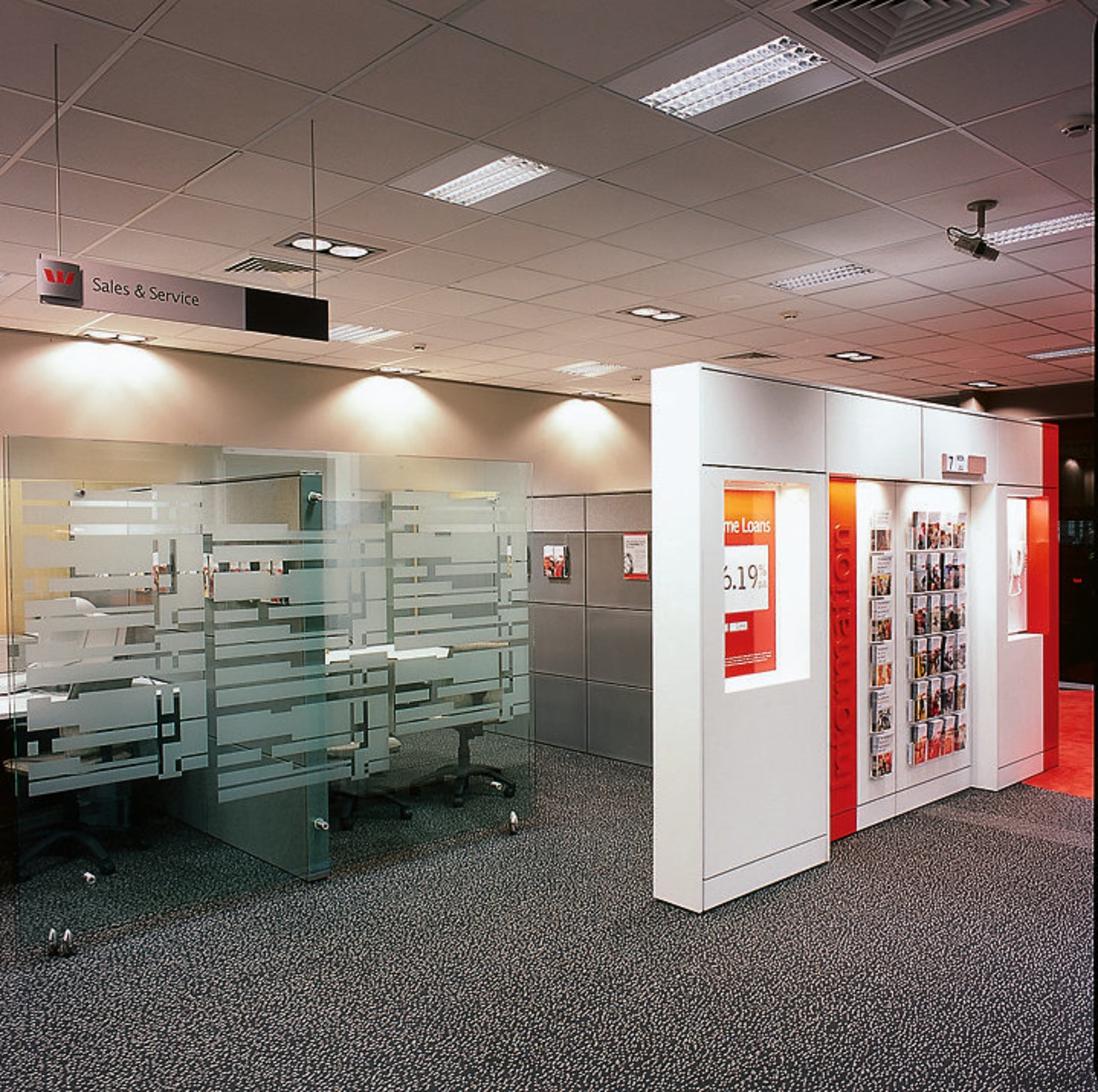 Westpac bank's new interior. Westpac's corporate colors are ceiling, exhibition, floor, interior design, gray